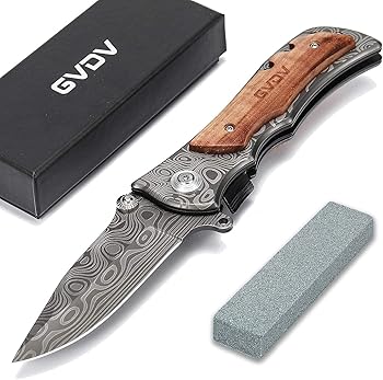 GVDV Pocket Folding Knife with 7Cr17 Stainless Steel, Tactical Knife for Camping Hunting Hiking, Safety Liner-Lock + Belt Clip, Wooden Handle, Father’s Day Gifts for Men Husband Dad