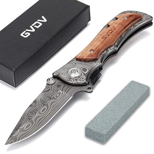 GVDV Pocket Folding Knife with 7Cr17 Stainless Steel, Tactical Knife for Camping Hunting Hiking, with Titanium Coated Blade + Safety Liner-Lock + Belt Clip, Wooden Handle