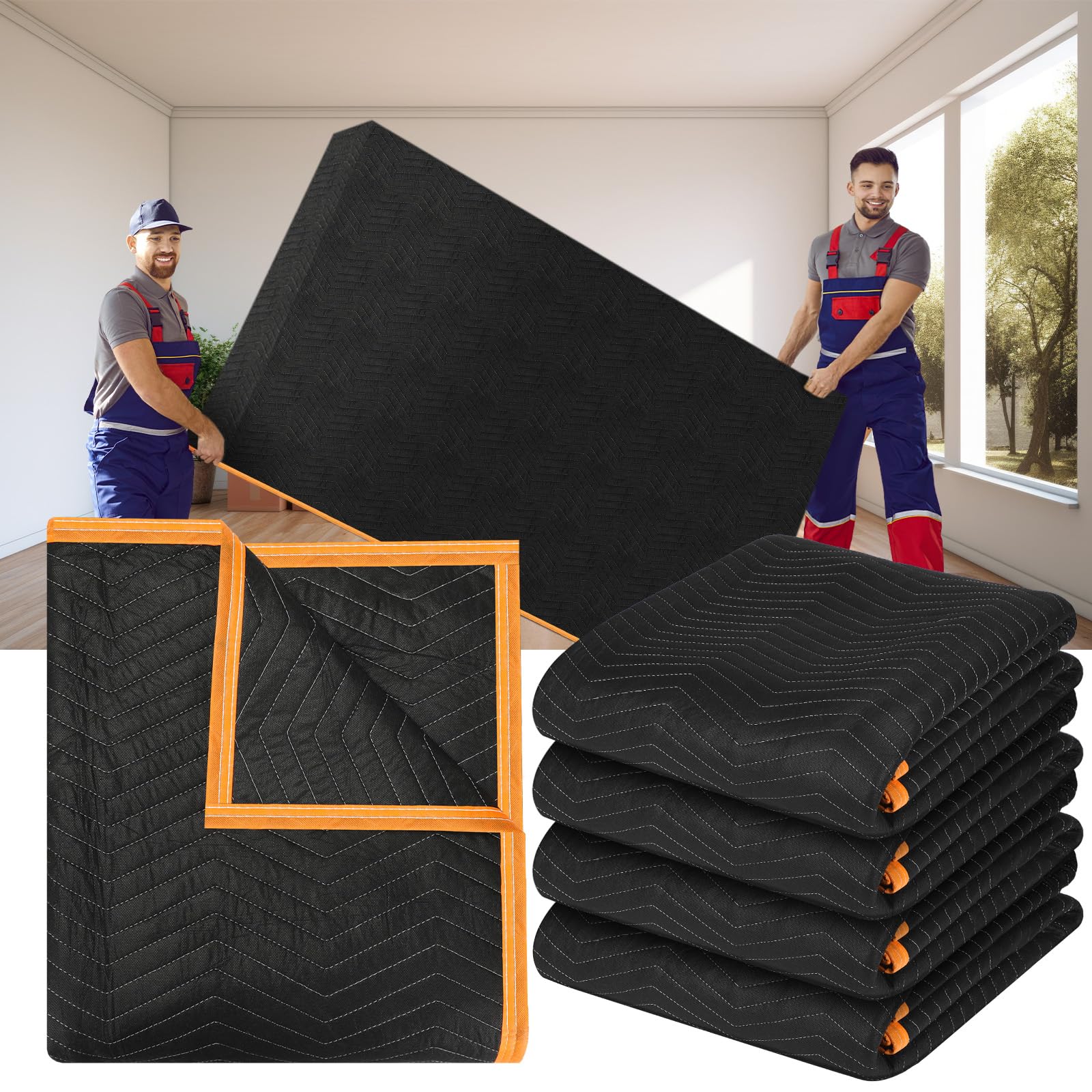 aliceset 4 pcs 80 x 144'' extra large moving blankets heavy duty packing blankets quilted shipping furniture and storage pads thick furniture pads for wrapping moving protecting supplies, black