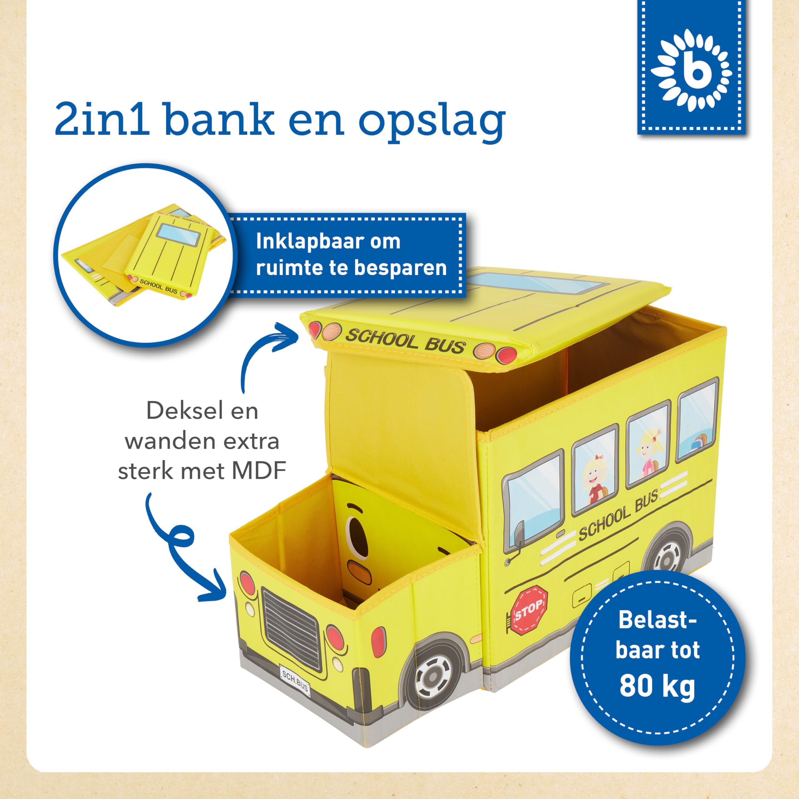Bieco Aufbewahrungsbox mit Deckel Kinder Schulbus, faltbar, Sitzhocker mit Sitzgelegenheit, und Polsterung, Spielzeugkiste mit Stauraum, Sitztruhe, Jungen & Mädchen, 46 L, Belastbar bis 80 Kg, gelb
