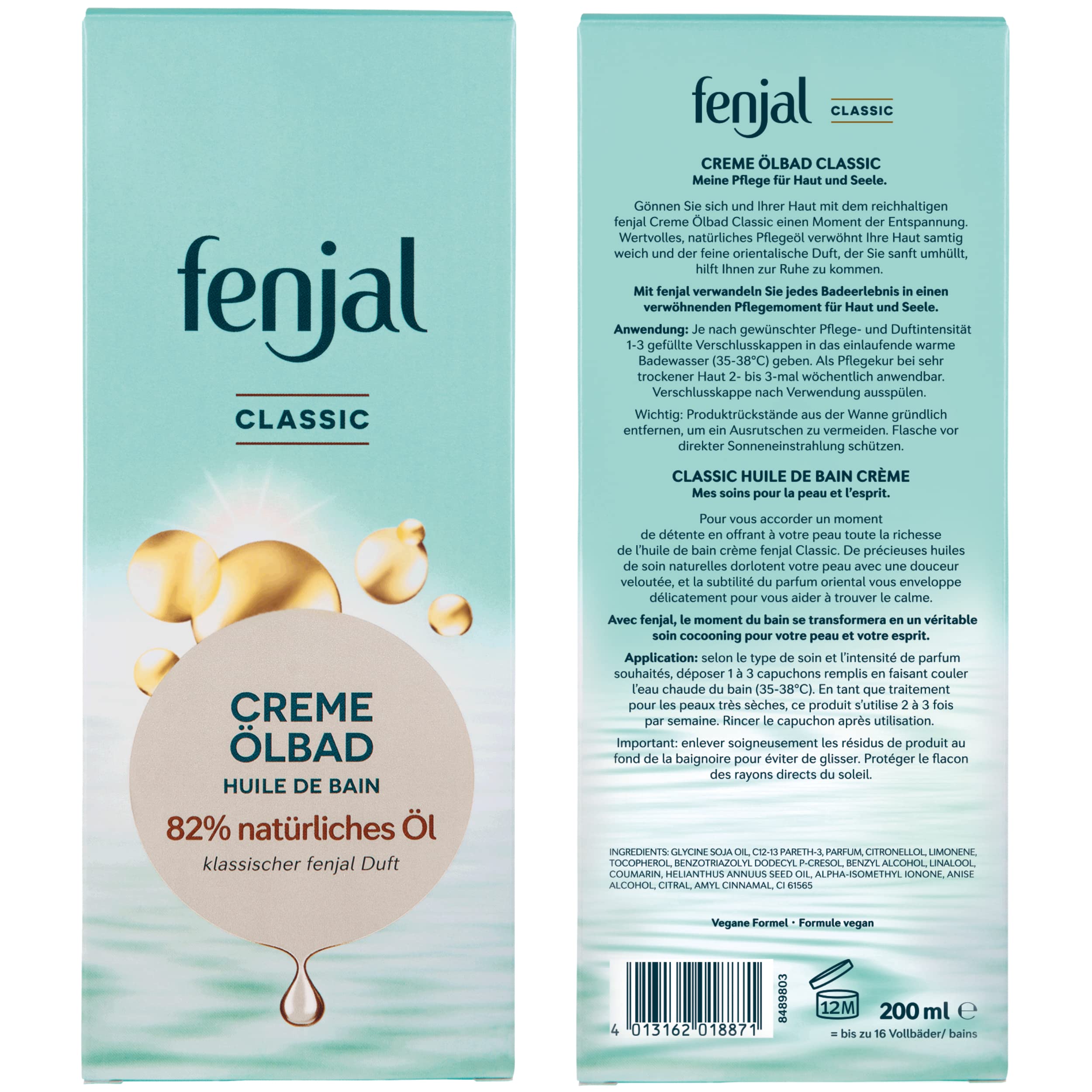 fenjal Crème bain d'huile - 200 ml - Bain de soin végétalien avec 82 % d'huile naturelle - Parfum pour peaux normales à très sèches - Classic