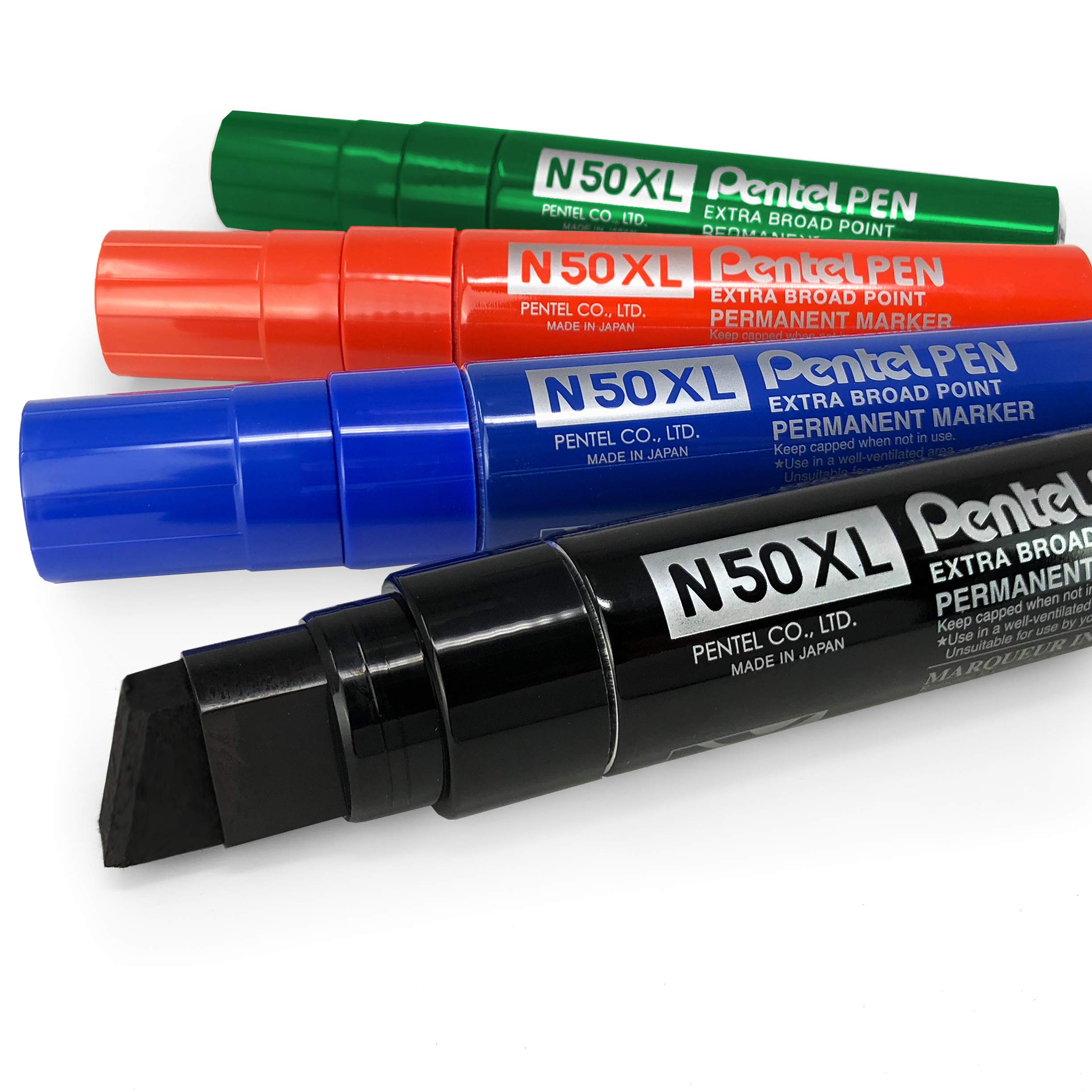 Pentel N50XL Extra Large Broad Permanent Marker – Chisel Tip – Pack of 4-1 of Each Colour