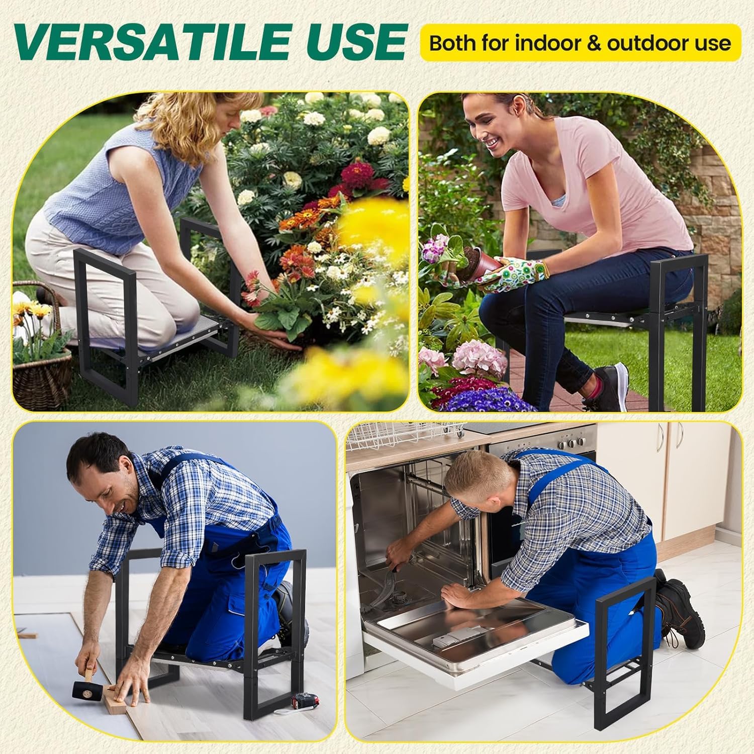 Tabouret de Jardin Pliable, 32cm Pliable Banc Agenouilloir avec Poignées, Appareil Robuste pour Genoux, Capacité de 180 kg, Banc Multifonction de Jardin pour Seniors, Femmes, Hommes/Noir