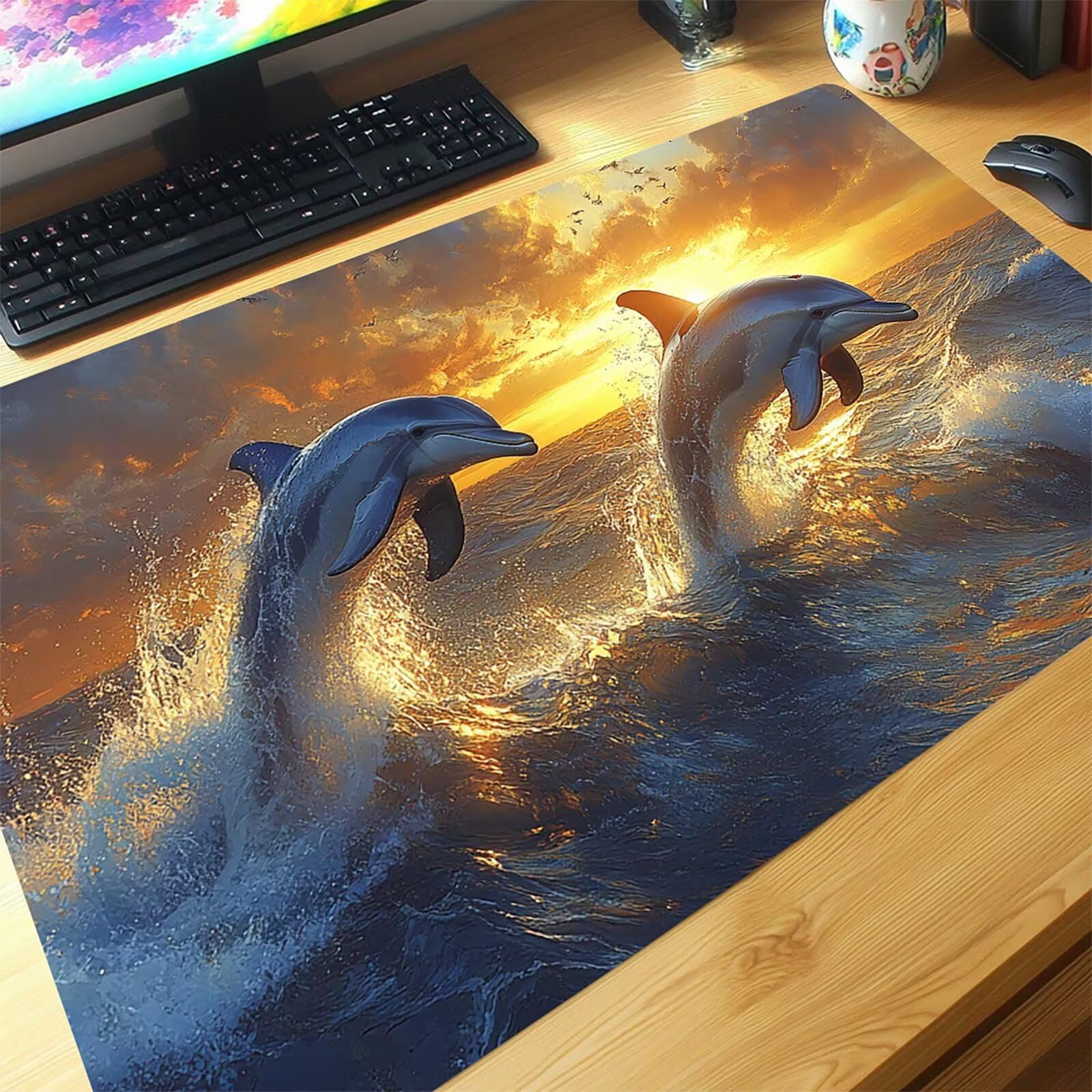 Gamingowa podkładka pod mysz XXL, delfin, zwierzęta, 120 x 60 x 0,3 cm, wodoodporna, antypoślizgowa podkładka na biurko, poprawia precyzję i prędkość, akcesoria gamingowe na biurko, model 03138