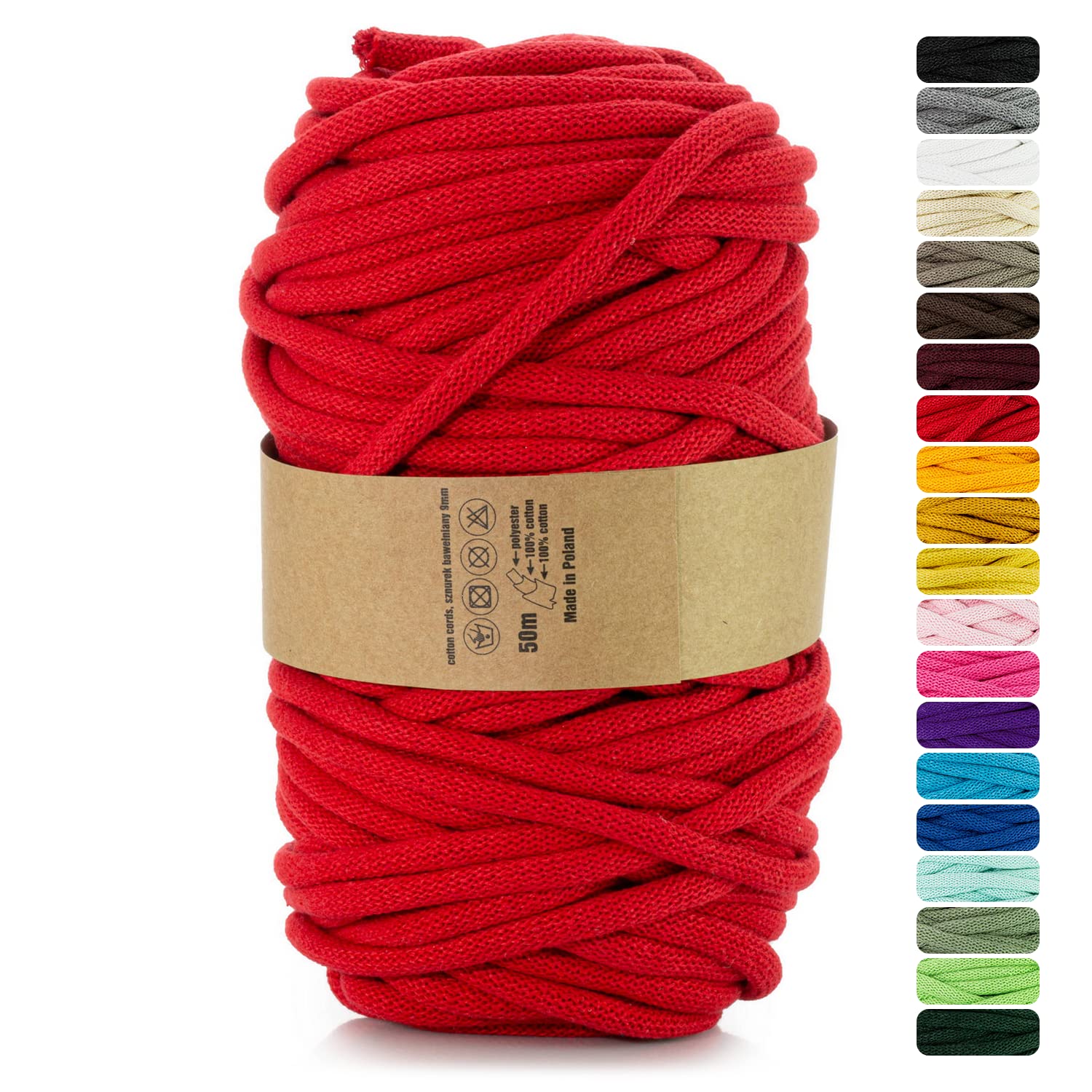 Netuno 1x Makramee-Garn Rot 9 mm 50 m Baumwollkordel mit Polyesterkern Kordel aus Baumwolle Kordelband Naturkordel Baumwollgarn für Makramee Basteln Garn dick Kordel Makramee farbig Cotton Cord