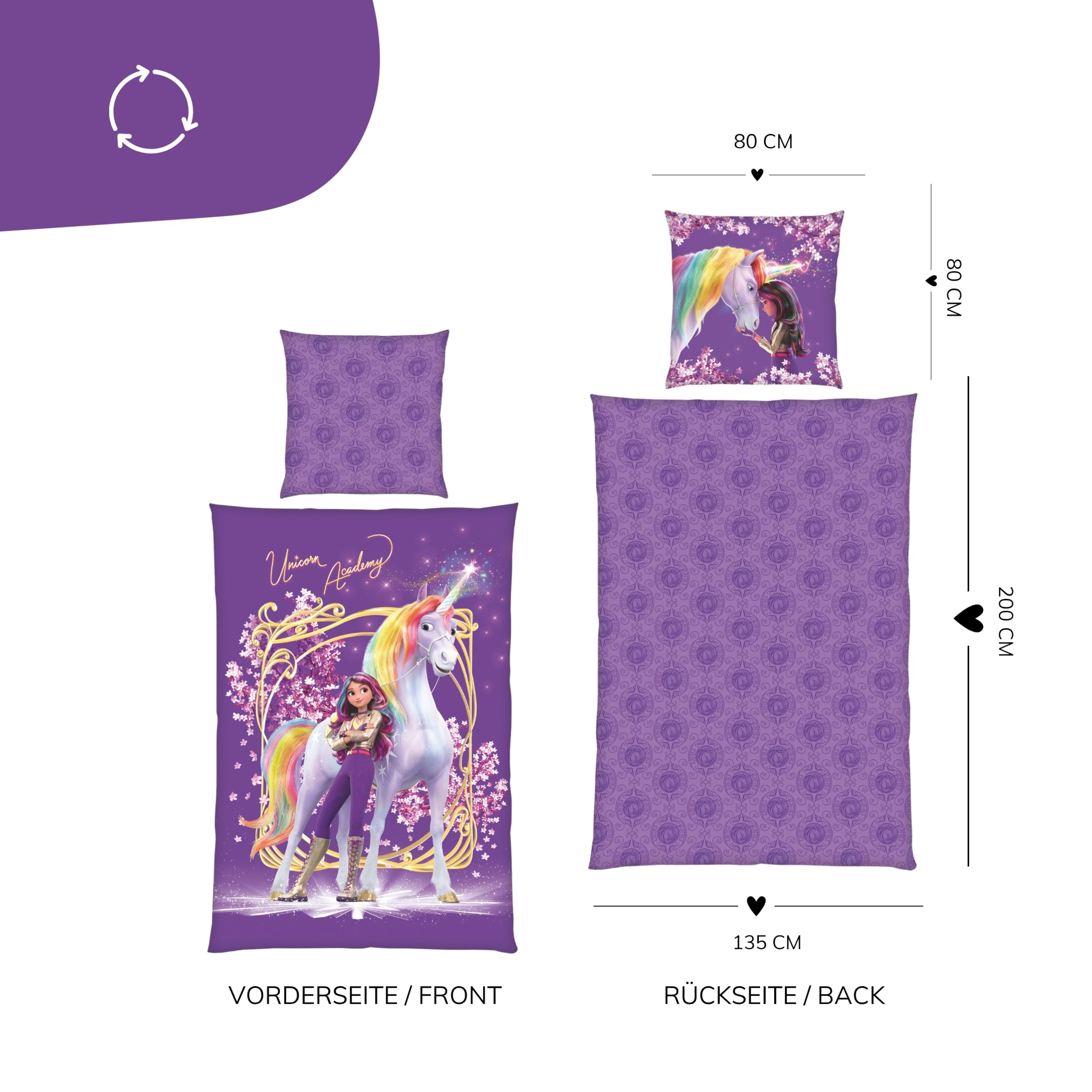 MTOnlinehandel Bettwäsche Unicorn Academy 135x200 - Kinder Geschenkidee, 1x Kissenbezug 80x80 + Bettbezug 135x200, mit Reißverschluss - Sophia & Wildstar