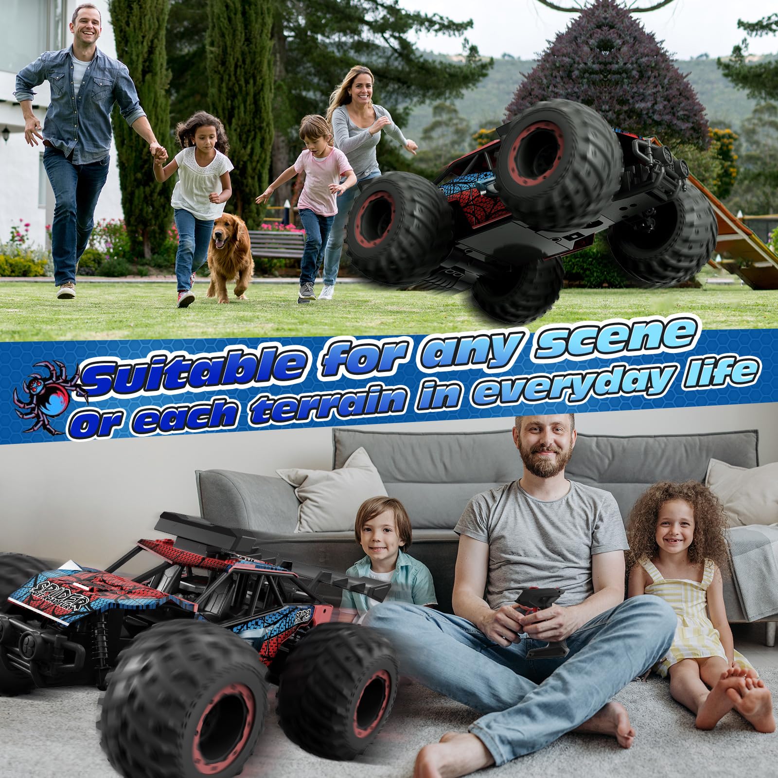 Tecnock Coche Teledirigido 1:20, Camión RC Todoterreno Recargable con LED, 10 km/h, 2,4 GHz, 2 Baterías para 50 Min, Estable y Fácil de Controlar, para Niños y Principiantes