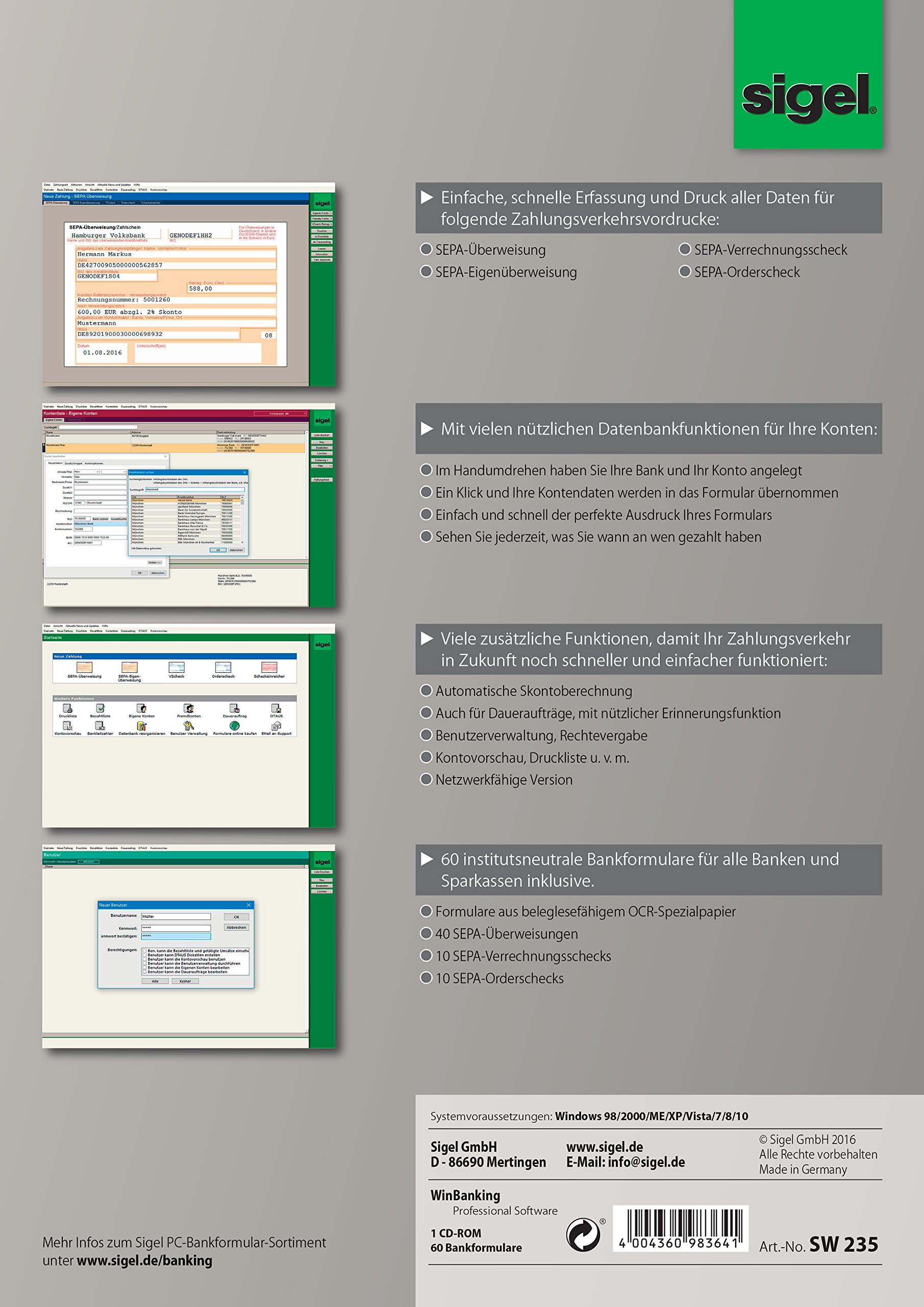SIGEL SW235 WinBanking Professional, Software für Bankformular-Management, SEPA, CD inkl. 60 Bankformulare