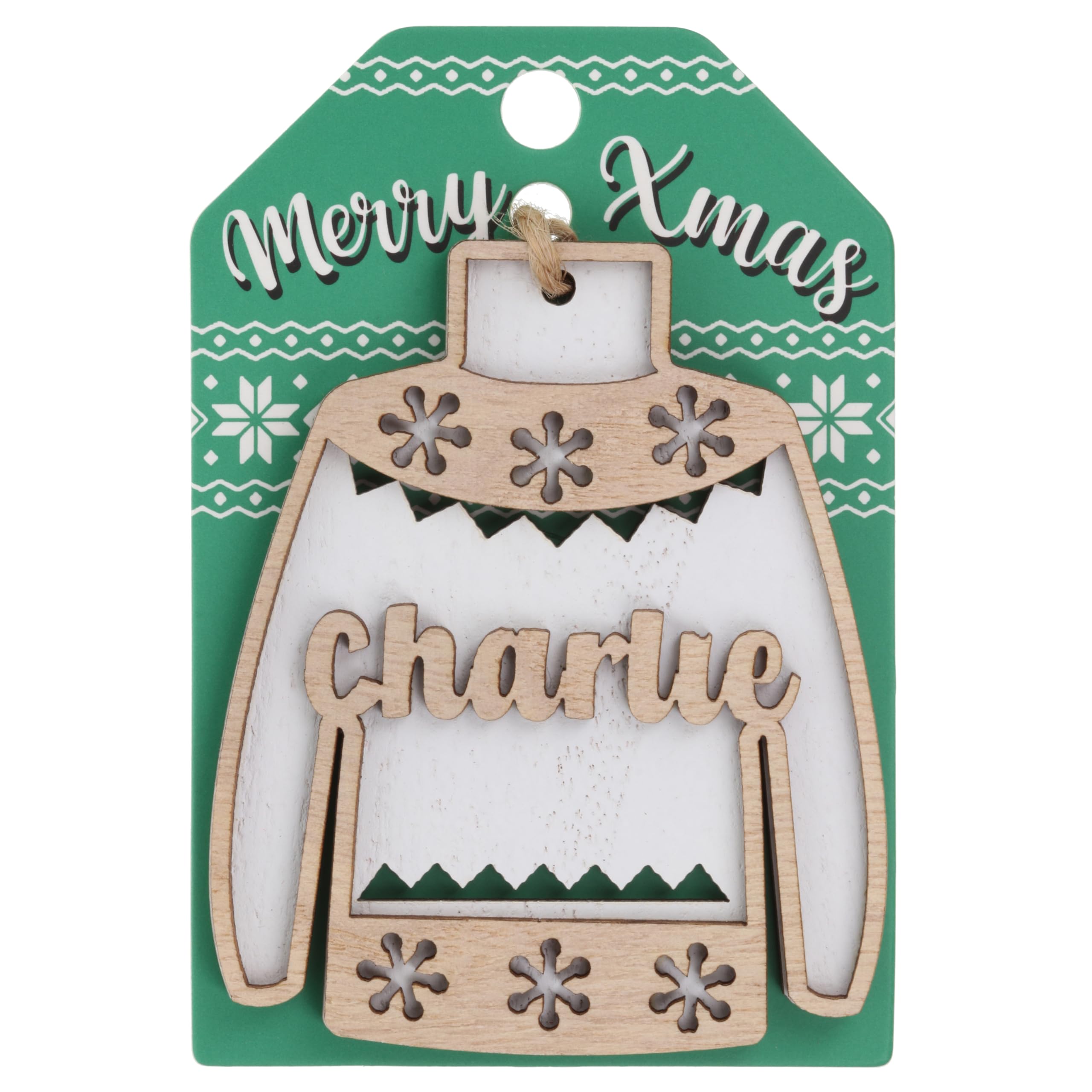 Charlie Name Christmas Jumper Wooden Tree Decoration Personalised Bauble Xmas White