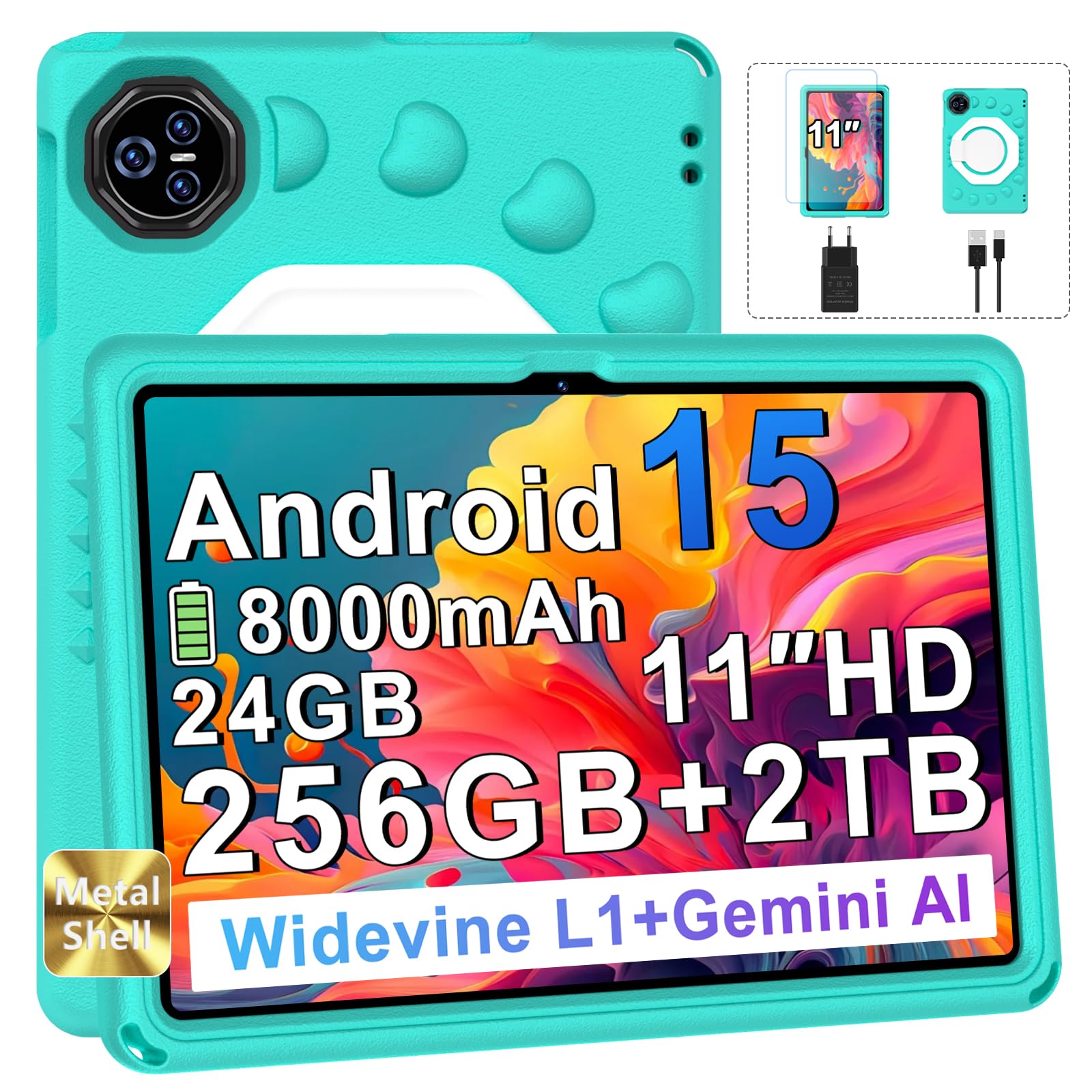 Dghrti 2026 Tablet Android 15 Con EVA Silicone Custodia Protettiva, 24GB+256GB/2TB, Bambini tablet 11 Pollici Octa-Core, Gemini AI/Widevine L1, 8000 mAh, 13MP+5MP, Corpo Metallo, Tableta Grande-Green