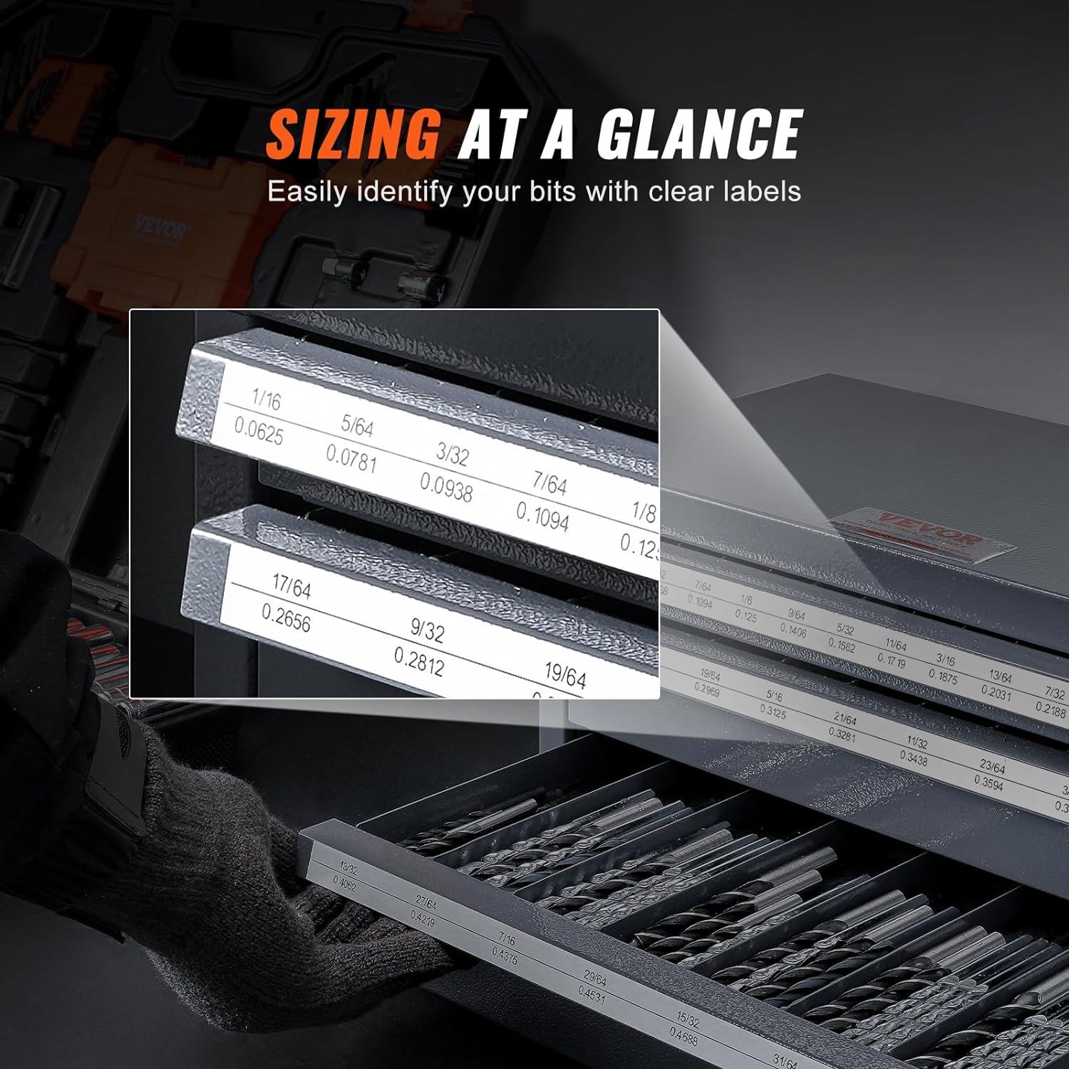 VEVOR Drill Bit Dispenser Cabinet, Three-Drawer Drill Bit Dispenser, Drill Bit Organizer Cabinet, Drill Dispenser Organizer Cabinet for Jobber Length Fractional Size 1/16" to 1/2" in 1/64" Increments