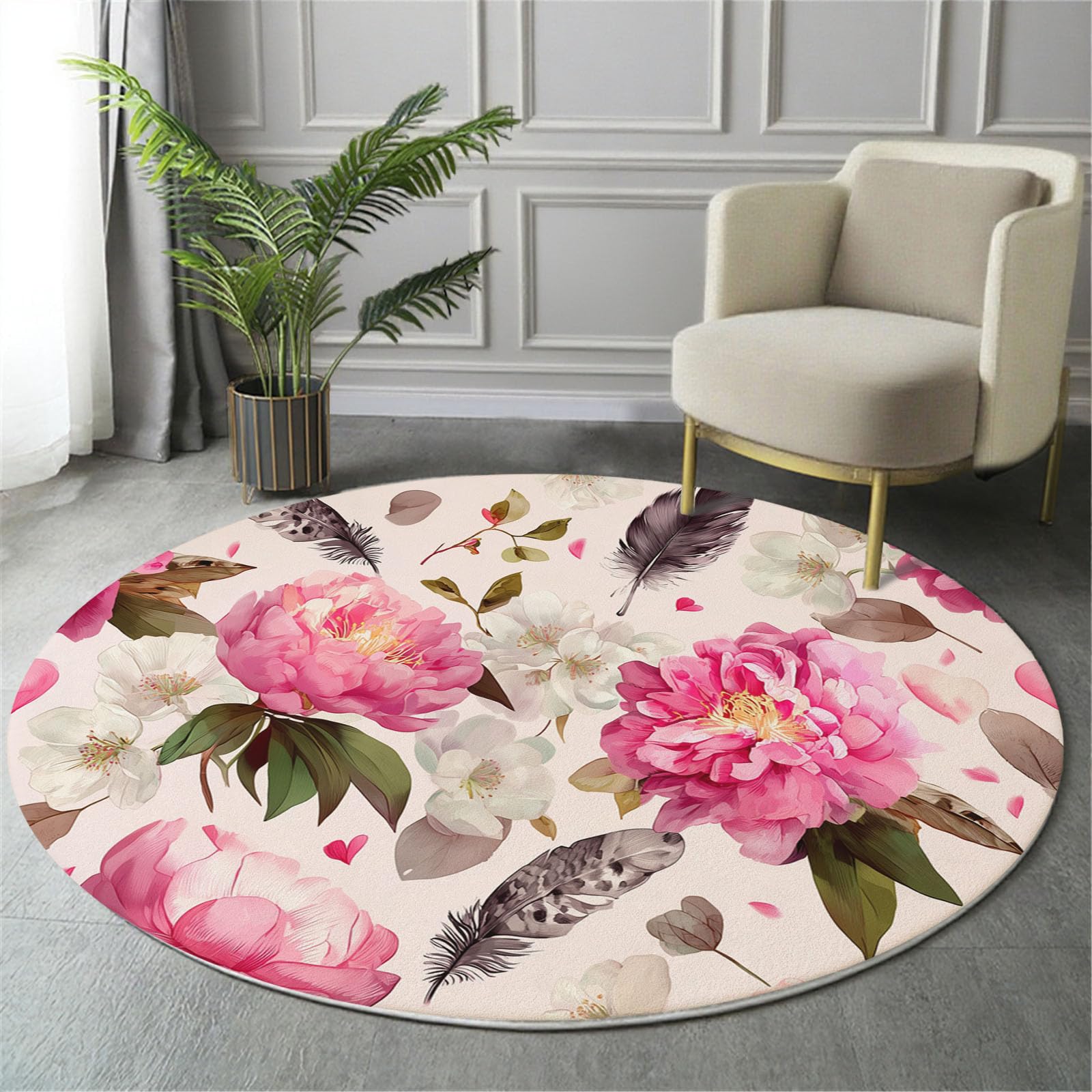 Tapis rond pivoines roses pour chambre style campagnard et salon cocooning