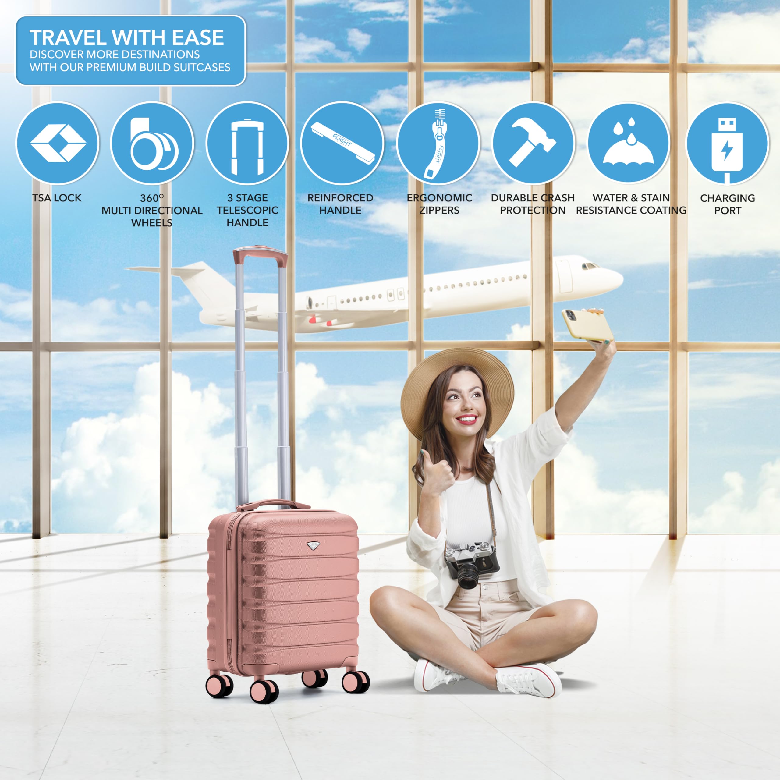 Flight Knight Valigia rigida con serratura TSA integrata e porta USB, leggera, silenziosa, doppia ruota, dimensioni massime della borsa da trasporto per compagnie aeree americane e unite