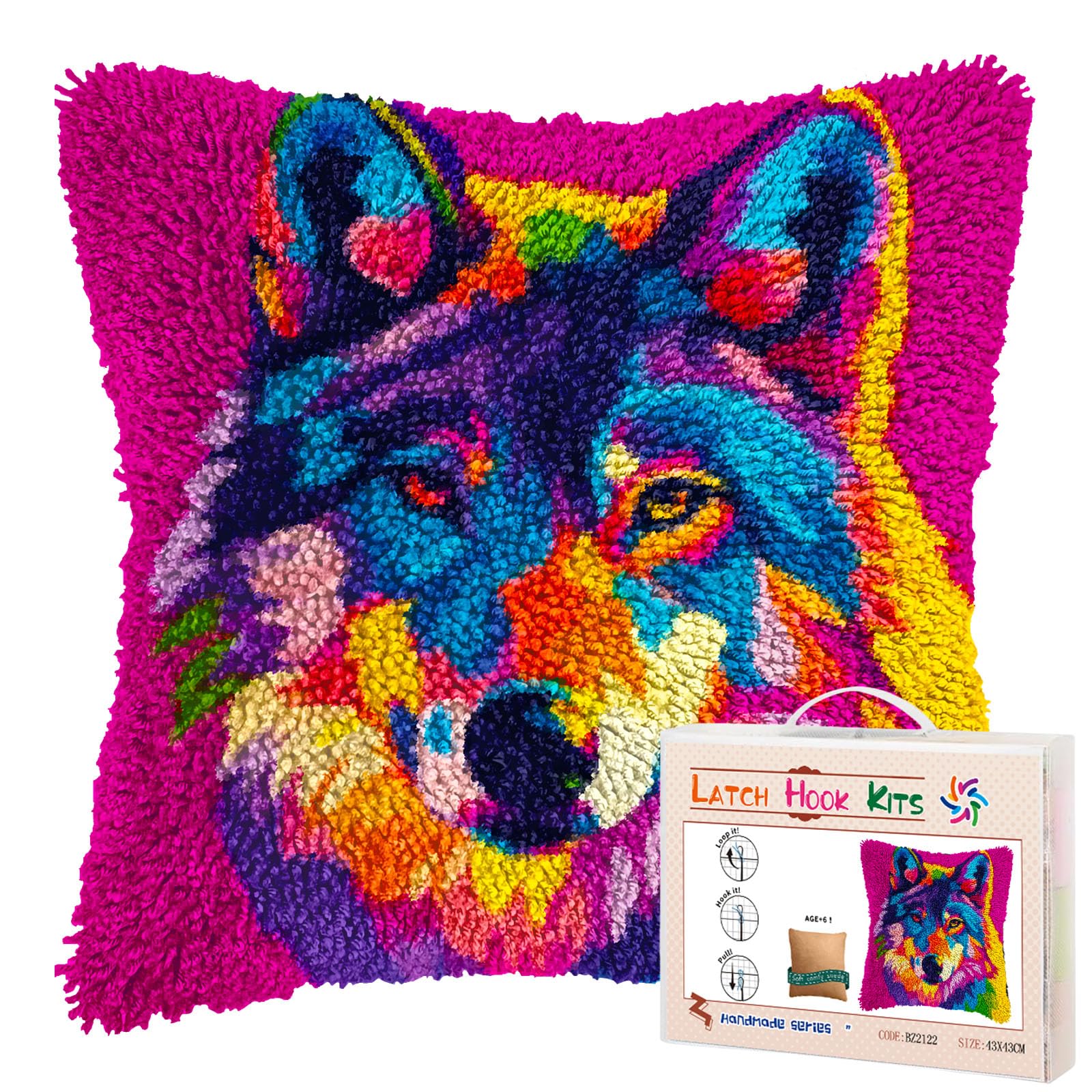 Animal Colorful Wolf DIY Latch Hook Pillow Kits for Adults Printed Pillowcase Crochet Yarns Hooking Handmade Pillow Cover Cushion for Home Sofa Decoration 17x17inch
