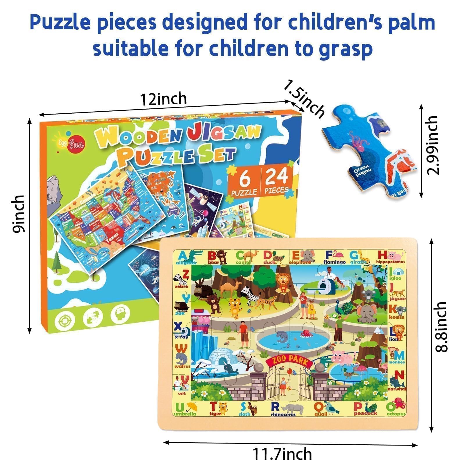 Holzpuzzle für Kinder von 2 bis 4 Jahren, 6 Packungen à 24 Stück, Sonnensystem, Weltkarte, Puzzles für Kleinkinder von 3 bis 5 Jahren, Lernspielzeug für Kinder im Vorschulalter