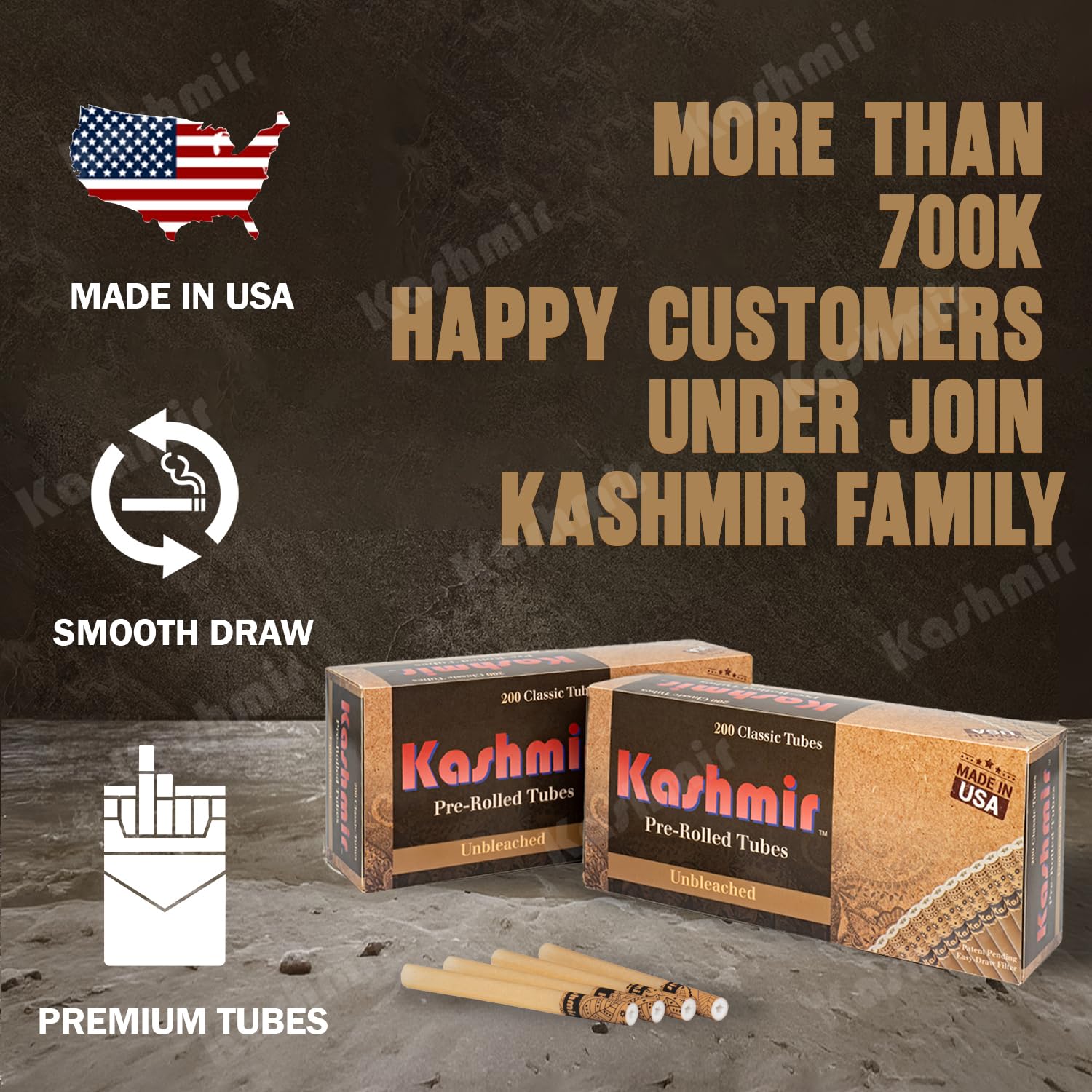 Amazon.com: Kashmir Cigarette Tubes Unbleached – 1000 Count (200 CT x 5  Boxes) King Size – Tubes King Size 84mm – Smooth Draw, Clean Burn, No  Tearing Fits Most injector Machines – USA Made : Health & Household