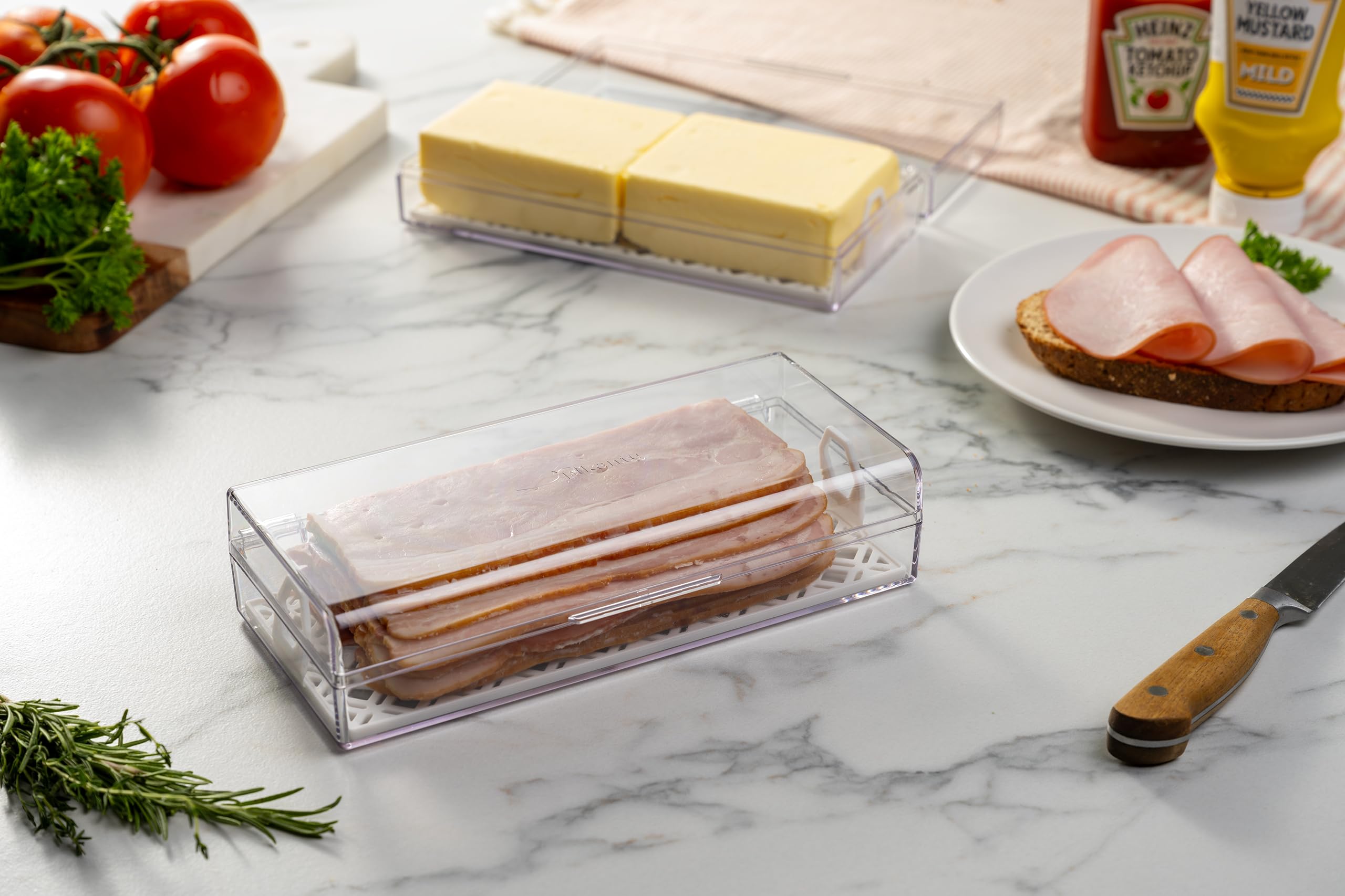 Pikanty Contenedor de carne Deli para refrigerador con bandeja extraíble, hermético para embutidos, queso en rodajas, jamón, pavo, salami y pepperoni, tapa con bisagras, apto para lavavajillas