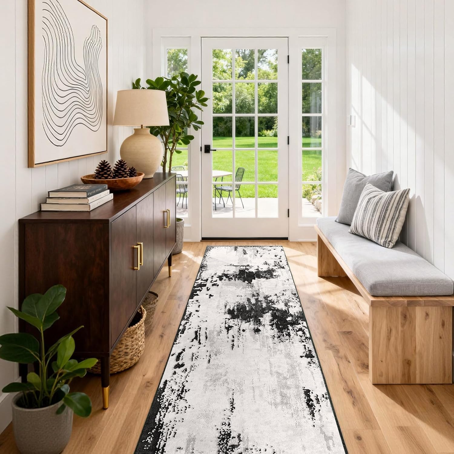 Machine Washable Runner Rug 2x6: Non Slip Hallway Rug Low Pile Kitchen Runner Soft Abstract Rug with Rubber Backing for Entryway Bedroom Bathroom Farmhouse Laundry Living Room Black White 2x6