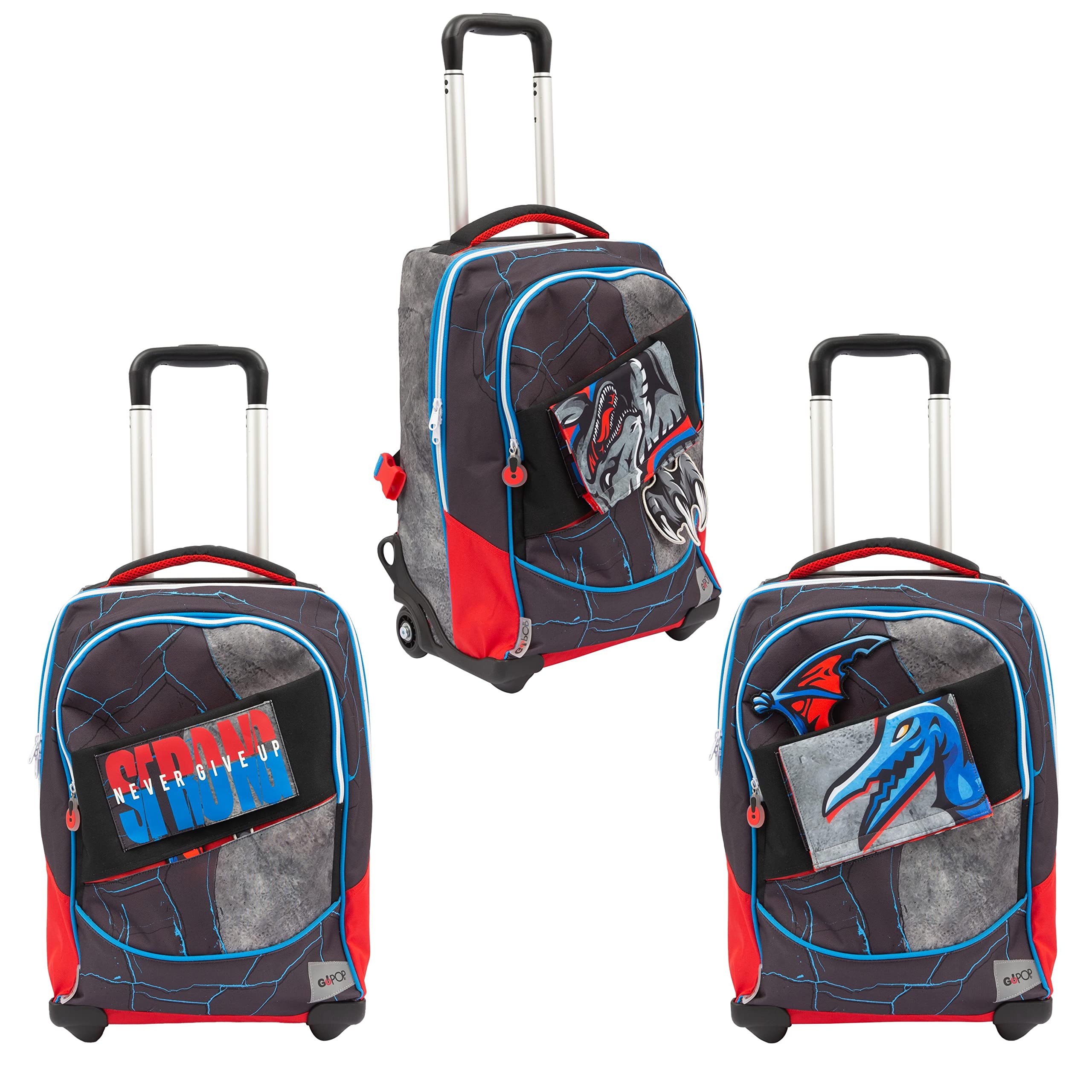 Go Pop - Zaino con Trolley maschile - 3 Grafiche Frontali Intercambiabili e Pop-Up, 2 Scomparti con cerniera, Spallacci Imbottiti, adatto alla scuola primaria, 34 l x 47 h x 23 p - 36 litri
