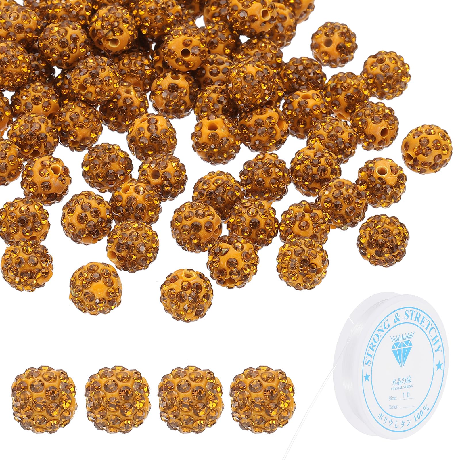 PATIKIL 10mm Rhinestone Clay Beads for Jewelry Making 120 Pack Round Ball Polymer Clay Crystal Charm Beads with Elastic String for Craft Decor Necklace Chain Bracelets DIY Gold