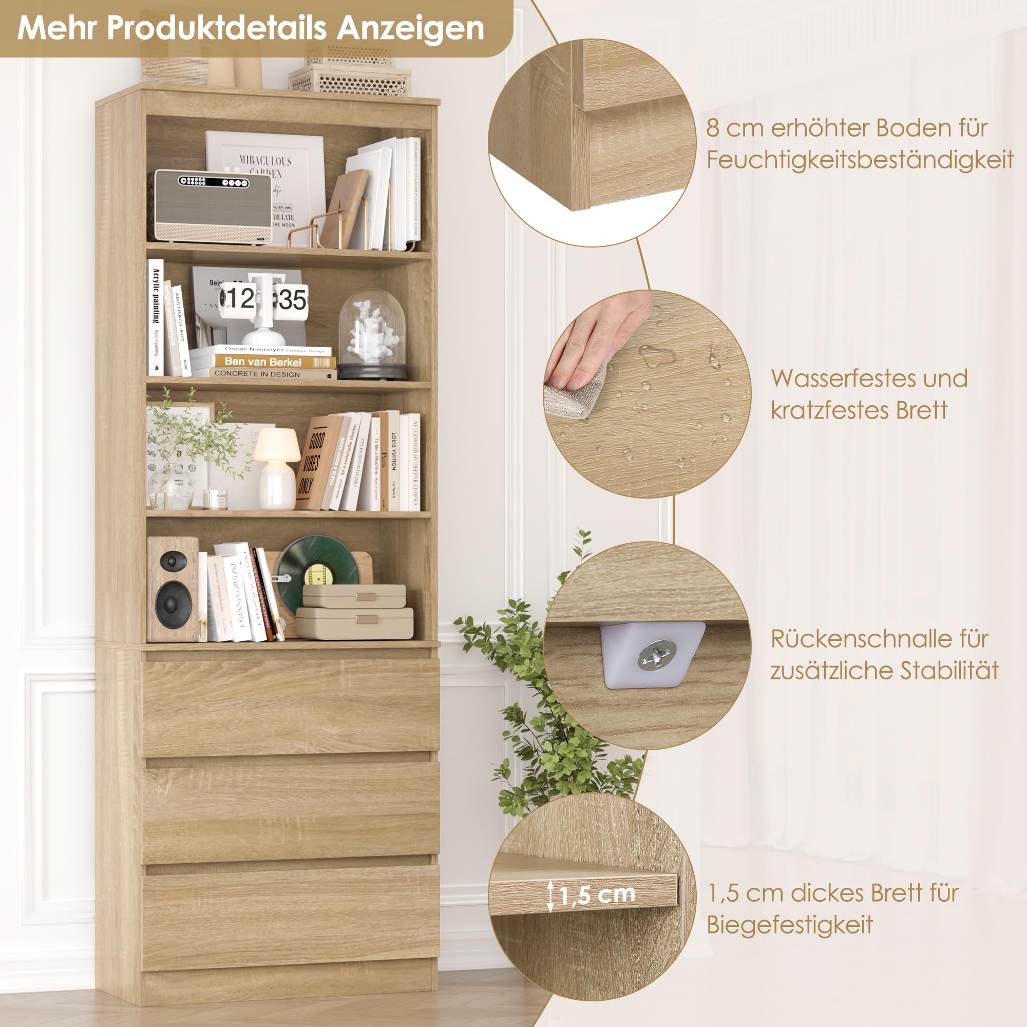 FirFurd 202 cm Bücherregal Bücherschrank mit 3 Schubladen 4 Fächern Eiche | Hochschrank mit verstellbaren Ablagen, Wohnzimmerschrank, Vitrinenschrank für Wohnzimmer Büro Küche, 60 x 35 x 202 cm