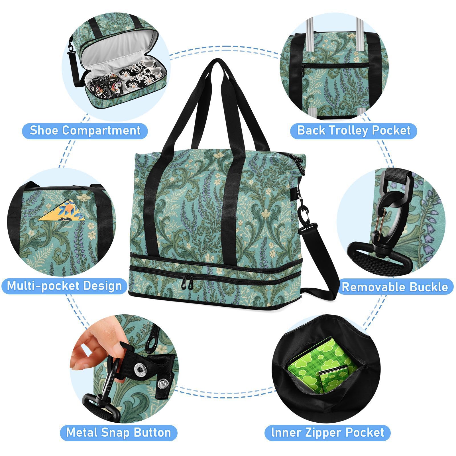 Bolsa de transporte grande con diseño francés clásico con bolsillo húmedo y correa ajustable, bolsa de gimnasio para viajes, juego de 2 piezas para hombres y mujeres