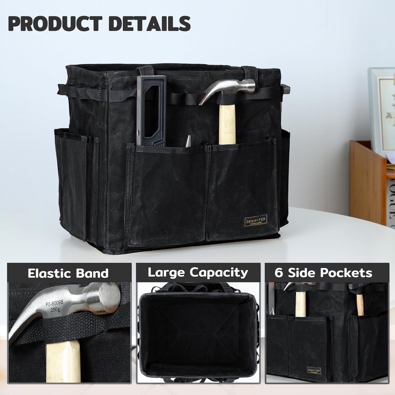 Durable Waxed Canvas Tool Tote Bag, Foldable Open Top Organizer with Metal Frame, 6 Pockets & Reinforced Handle (14" x 10" x 12.5" | Black) - Image 3