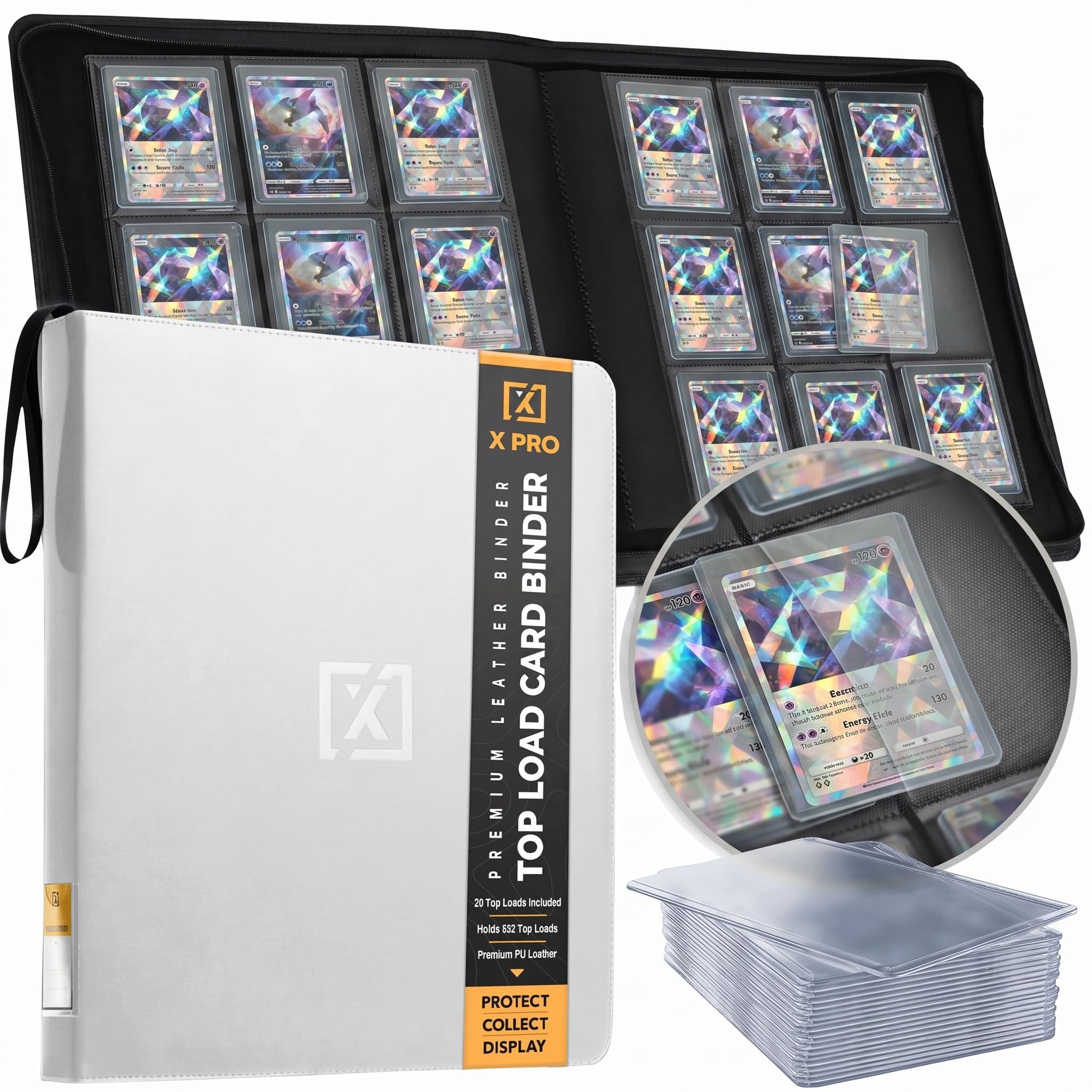 X PRO - Raccoglitore per carte con caricamento dall'alto, compatibile con custodie per carte con caricamento dall'alto, adatto a 252, 20 caricatori premium inclusi, pagine fronte-retro senza anelli, 9