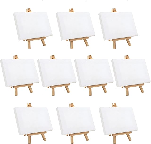 Belle Vous Mini Art Canvas with Wooden Easel (10 Pack) - H15.5 x W8.9cm (6.10 x 3.5 inches) - Pre-Stretched and Primed Blank Canvas - Table Top Easels for Oil and Acrylic Painting & Drawing