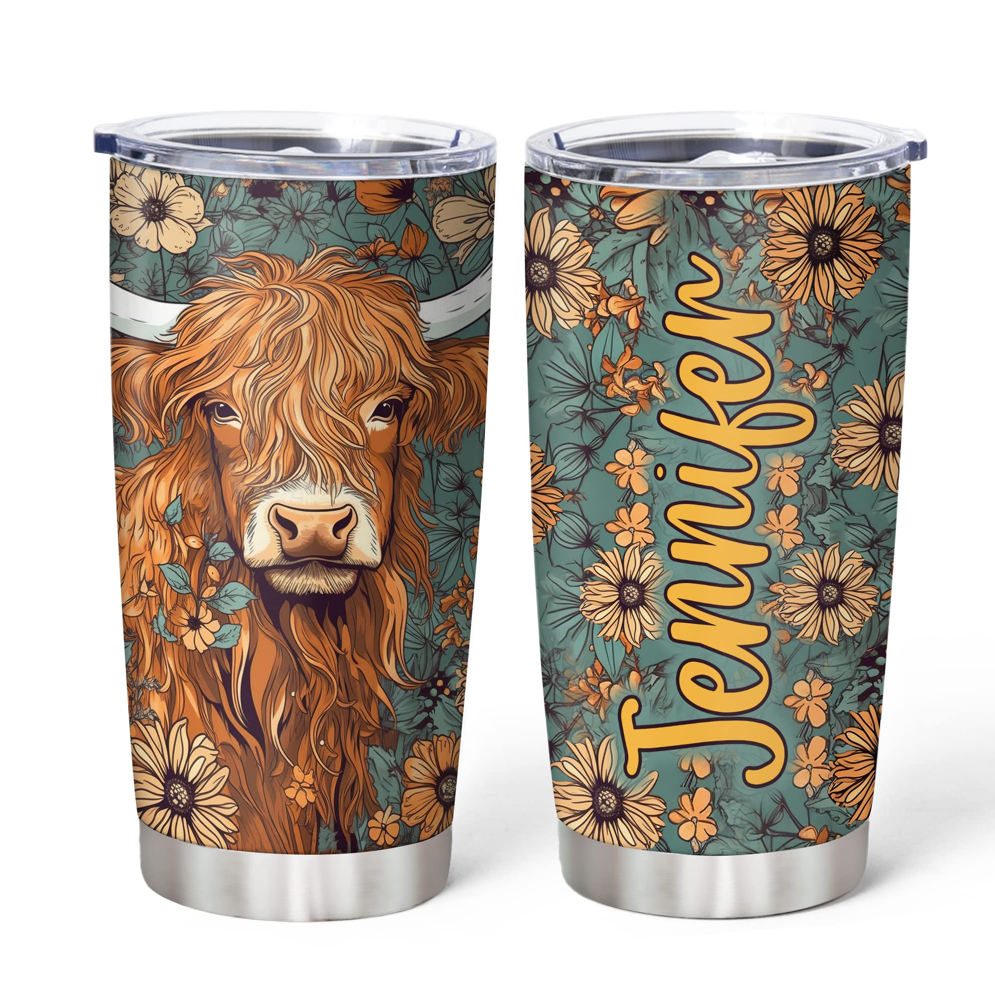 Hyturtle Personalized Gifts For Highland Cow Lover - Highland Cow Customized Name Stainless Steel Tumbler 20oz With Lid - Idea Farm Animals Lover Gifts For Women, Girl, kids On Birthday, Christmas