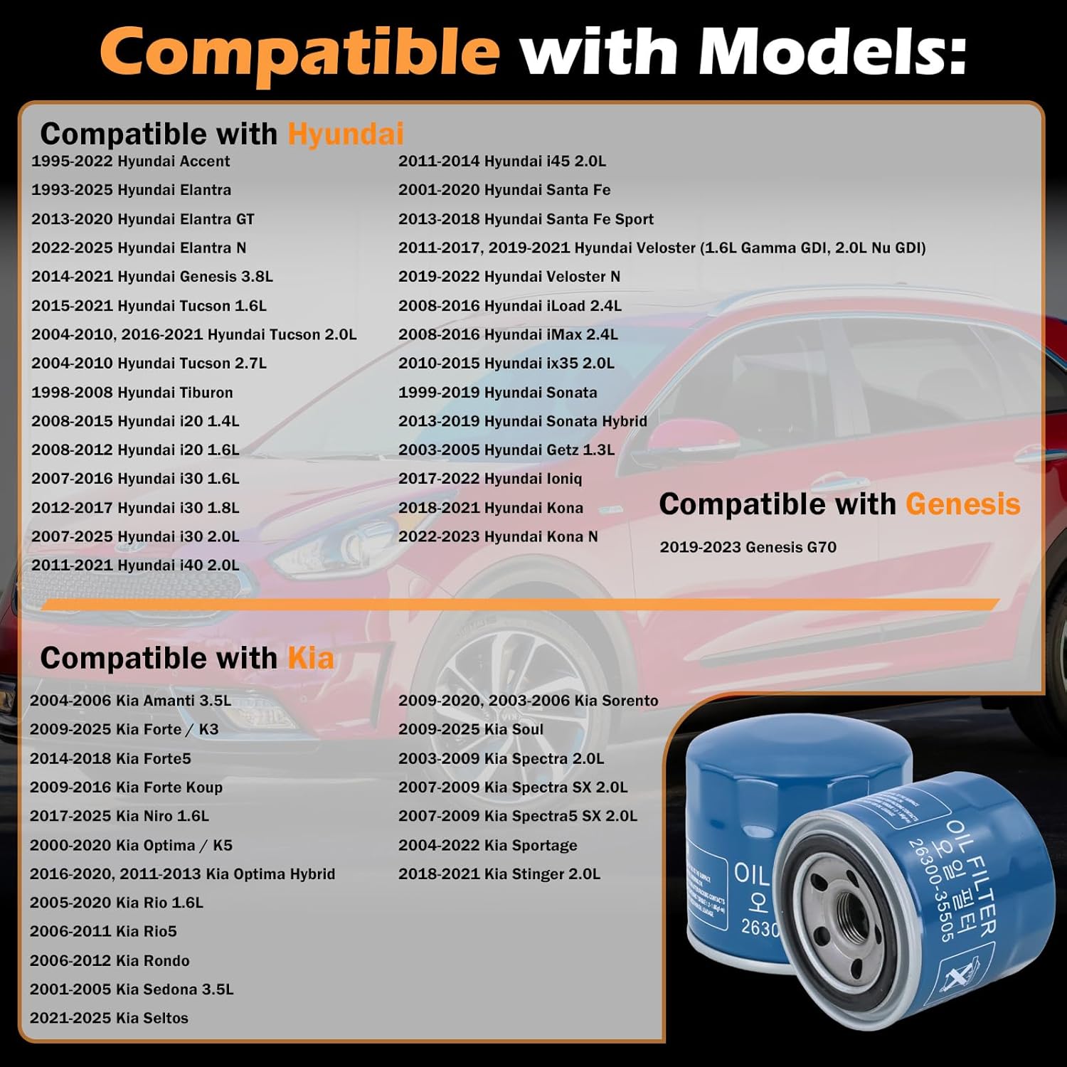 Kefly 26300-35505 Engine Oil Filters Fits for Hyundai Elantra Tucson Santa Fe Kia Sportage Forte Seltos, with Drain Plug Gasket (6 PCS)