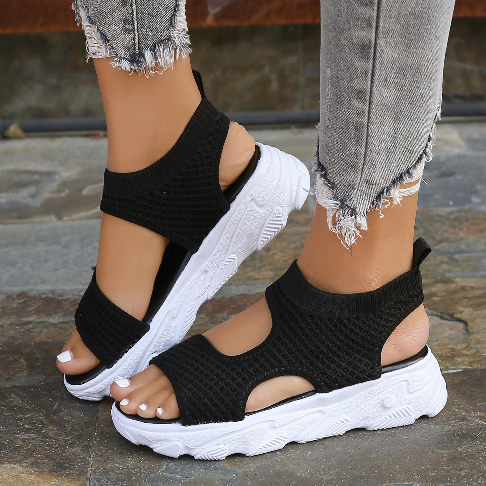 Générique Sandales Femme Chaussures Décontractées À Semelle Épaisse Pantoufles Antidérapantes Basket Bleu Sabot Moto Sandale Compensee Eté Claquette D'Acupression