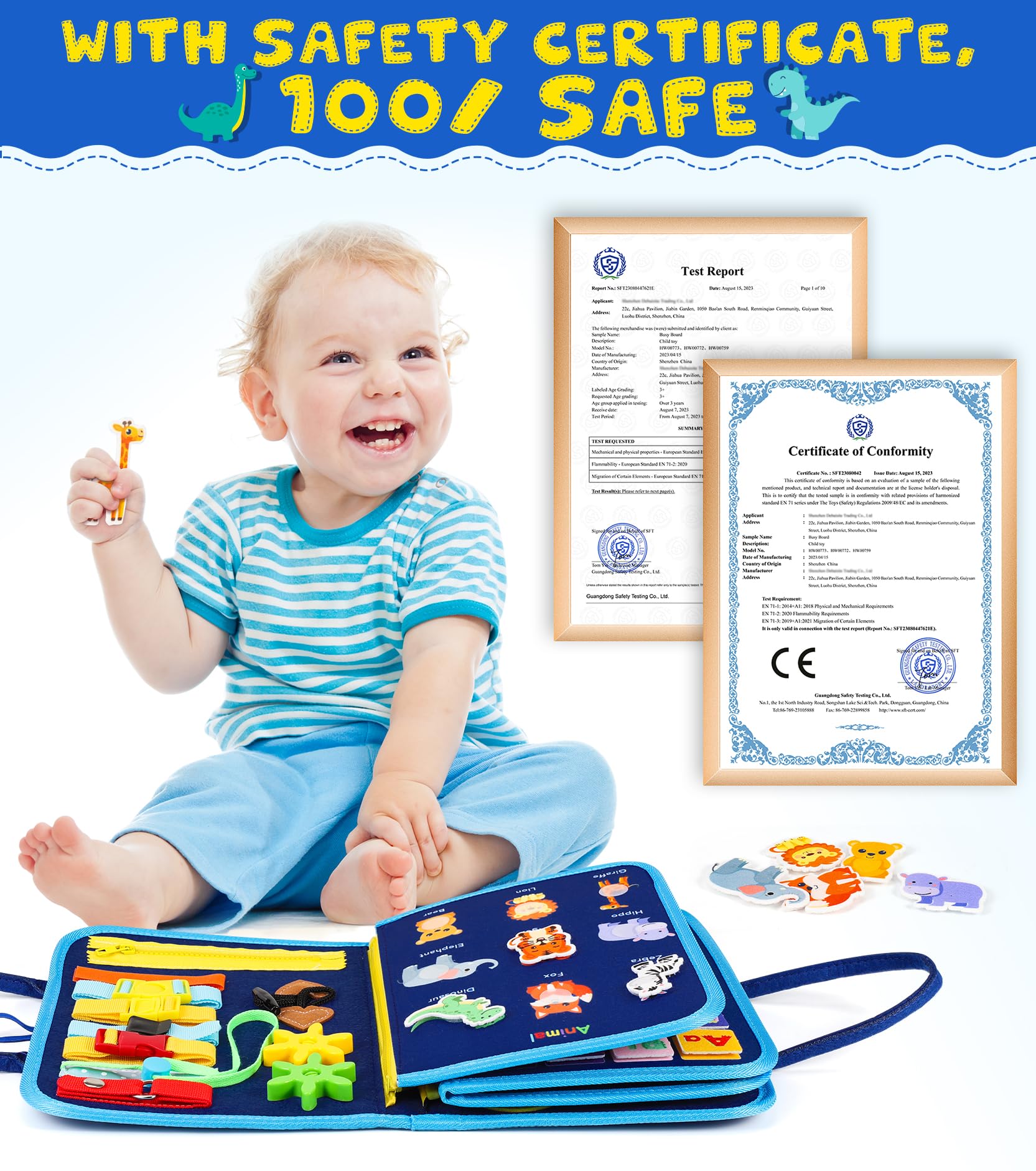 Gontence Busy Board per Bambini | Giochi Montessori per 2 3 4 5 Anni Tavola Sensoriali per Giocattoli attività Giocattolo Educativo per Apprendere Le Abilità di Base della Vita Dinosauro