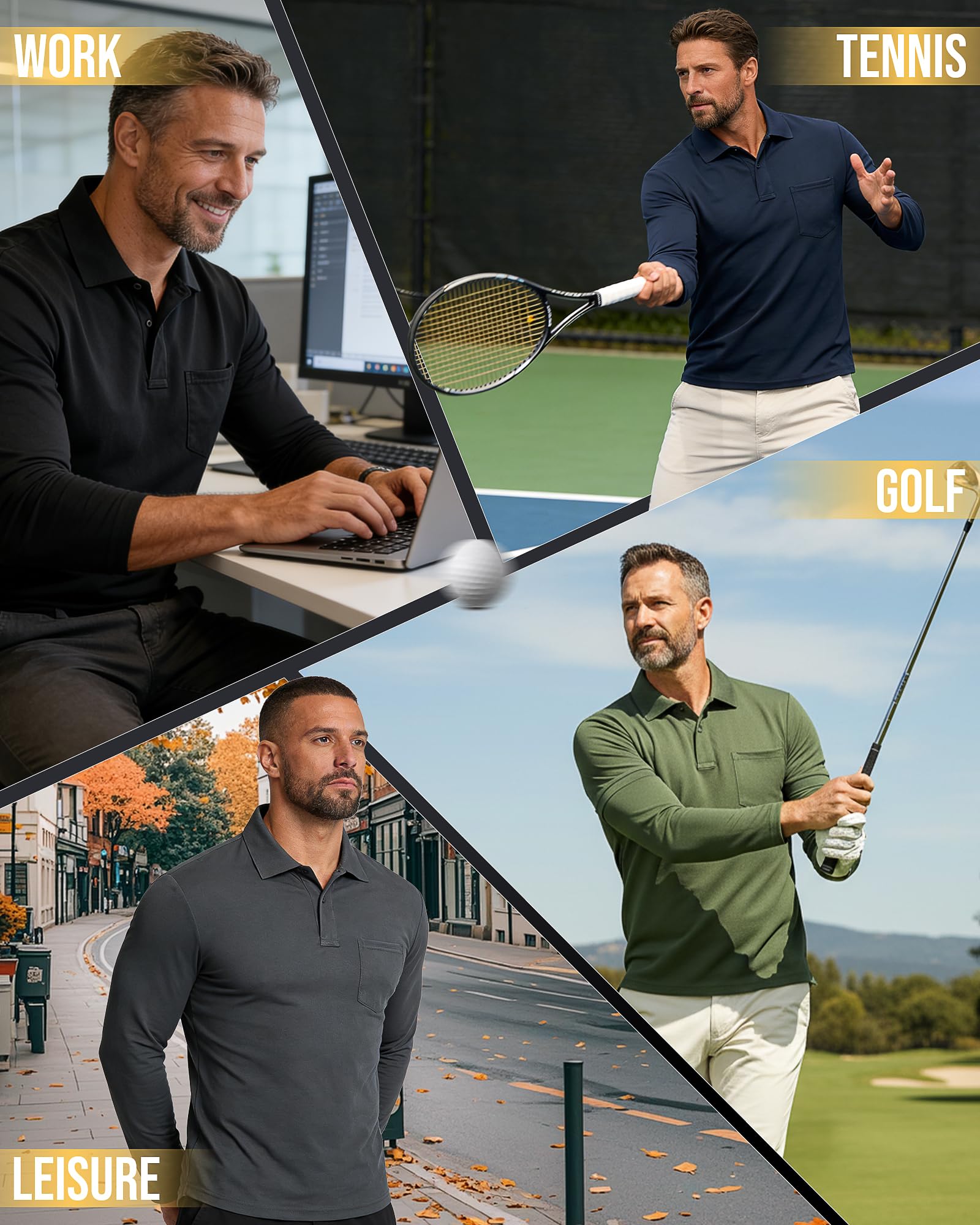 33,000ft Herren Poloshirt Langarm UPF50+ Sonnenschutz UV Schutz Polohemd Golf Sports T Shirts für Männer Leichtes Atmungsaktiv Poloshirts Casual Polo Tops zum Tennis