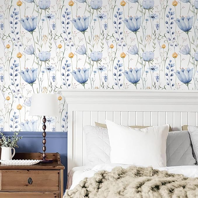 Peel & Stick Floral Wallpaper | Blue Floral Leaf Wallpaper for Bedroom & Living Room