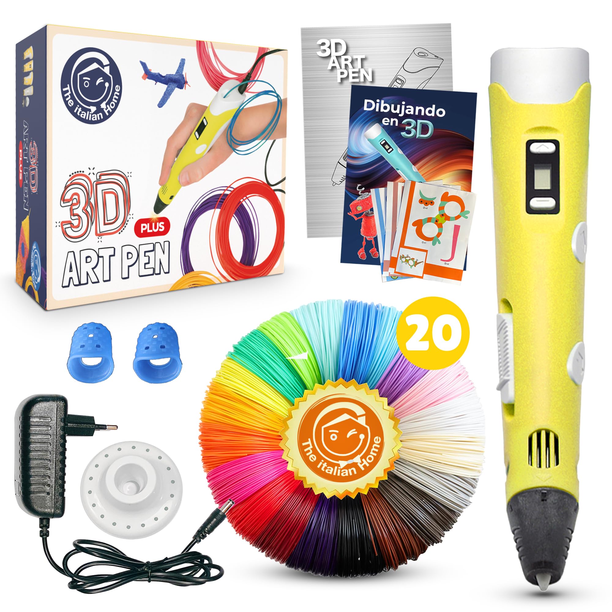 The Italian Home® Boligrafo 3D niños + Instrucciones en español y guía ilustrada de Regalo + Filamentos PLA 12 Colores (2 Fluorescentes) - boli 3D, Lapiz 3D, boligrafo 3D para niños