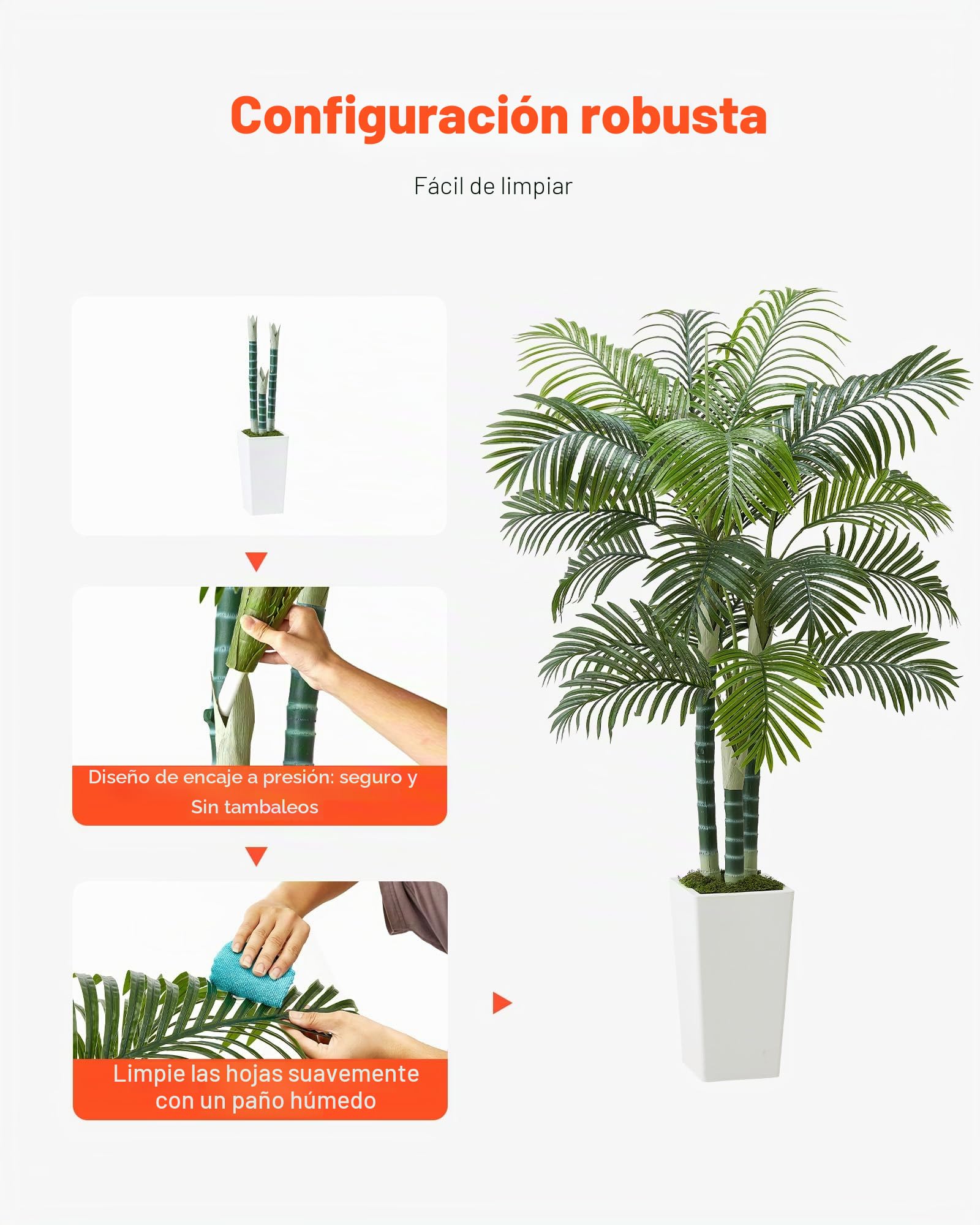 VEVOR Palmera Areca Artificial Tropical de Imitación con Maceta Alta Blanca, para Decoración de Hogar, Oficina, Sala de Estar, Inauguración de Casa, Interior y Exterior, 1040 x 1040 x 1780 mm