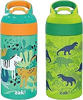 Zak Designs Riverside 16oz Kids Leak-Proof Water Bottles, BPA-Free Durable Plastic, Flip Spout Cover & Carrying Loop - Dino Camo Safari Pack of 2