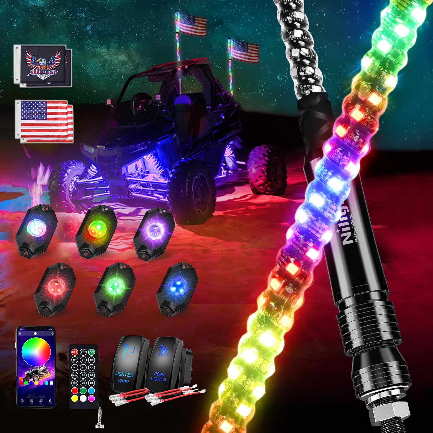 Nilight RGB LED Whip Light 2PCS 3FT with 6 Rock Lights Combo