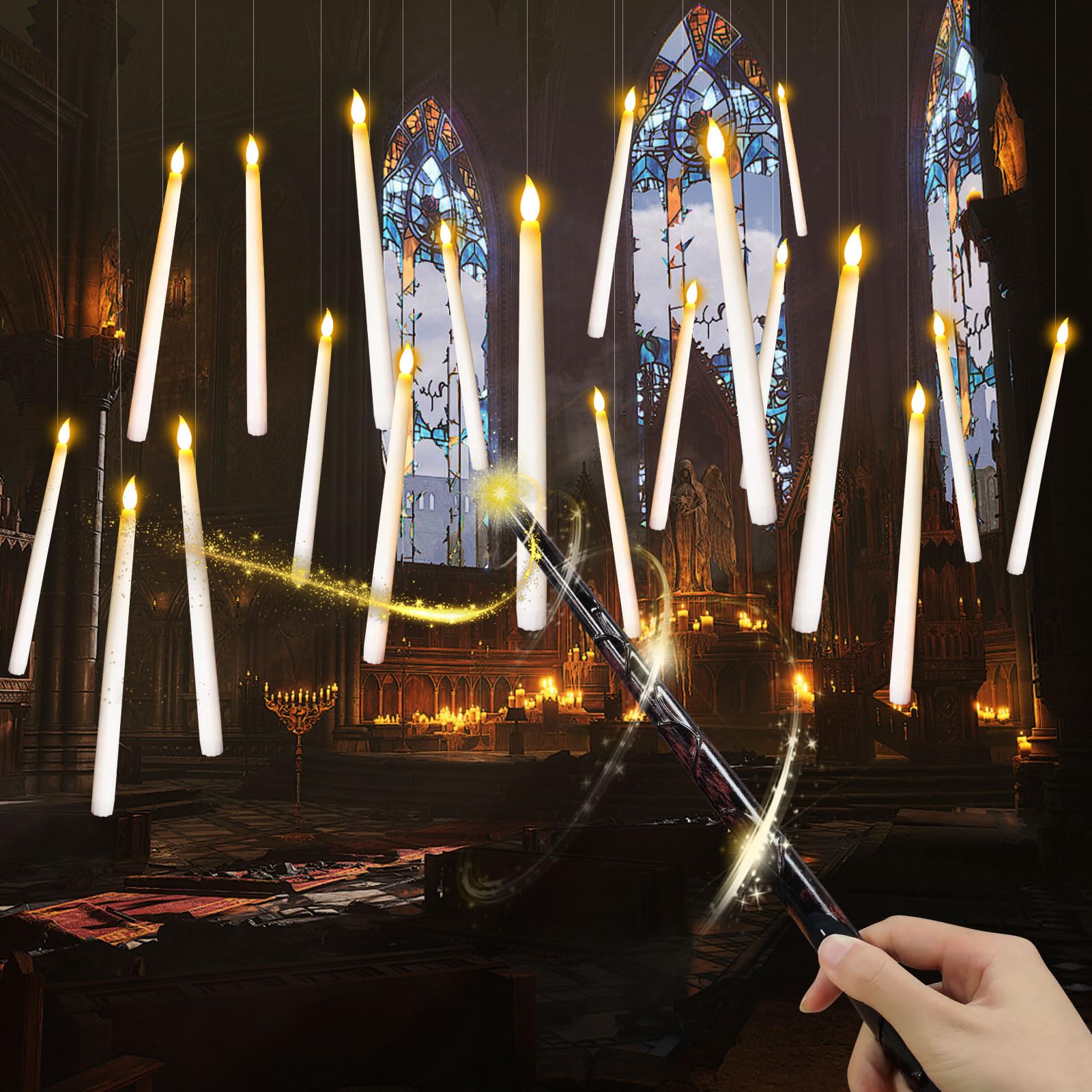 Hengrongshen Floating Candles, 20 Stück 28,2 cm Flackernde Schwebende Kerzen mit Har-ry Potter Zauberstab Fernbedienung, Har-ry Potter Kerzen & Zauberstab Fernbedienung für Halloween Dekoration Beleuchtung
