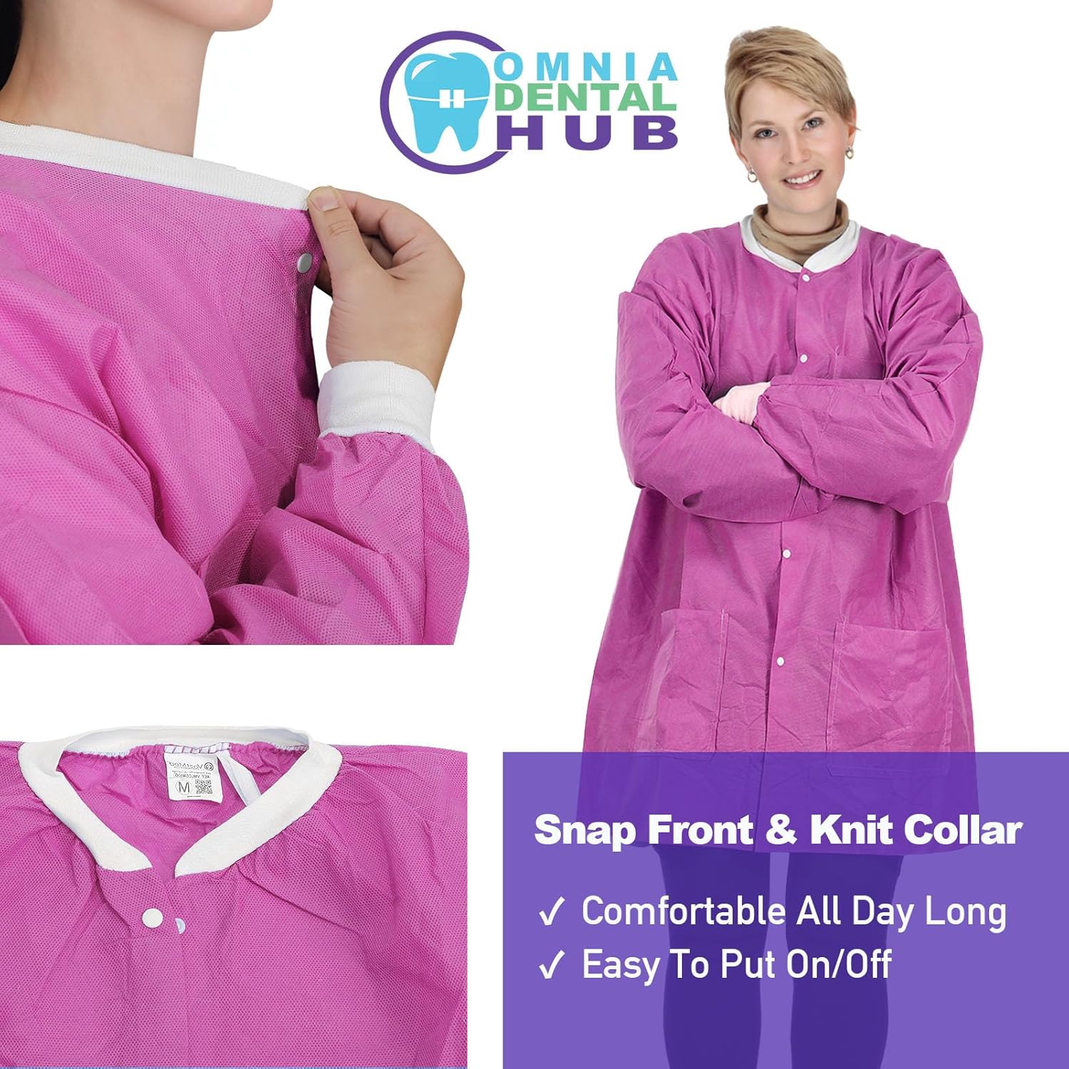 Omnia Dental Disposable Lab Coats | Durable SMS 45g Soft Knit Cuffs & Collar With 3 Pockets | Knee Length Medical Lab Coat