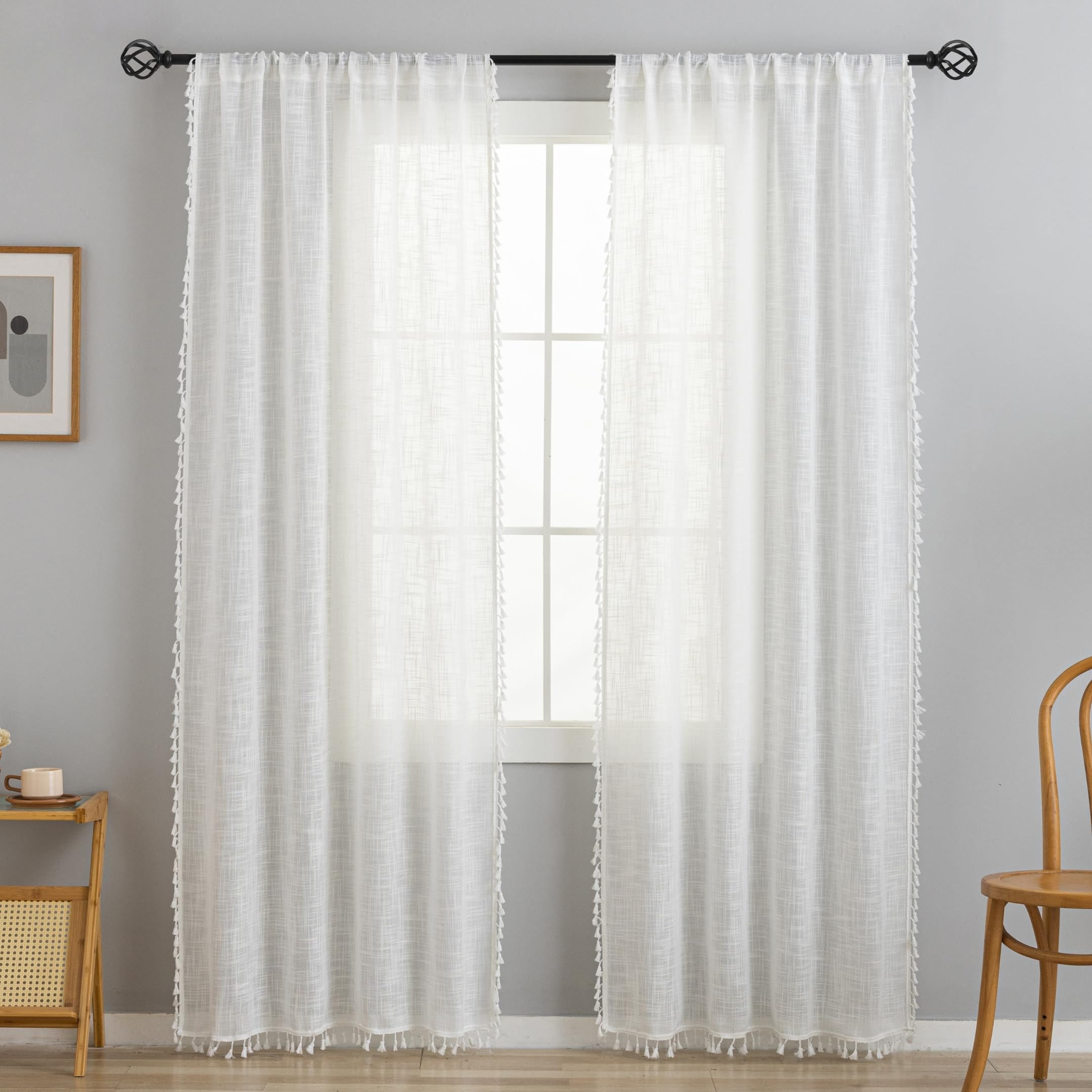 2 cortinas de lino natural blanco mezclado, estilo rústico, para dormitorio, sala de estar, (160 x 140 cm, borlas blancas)