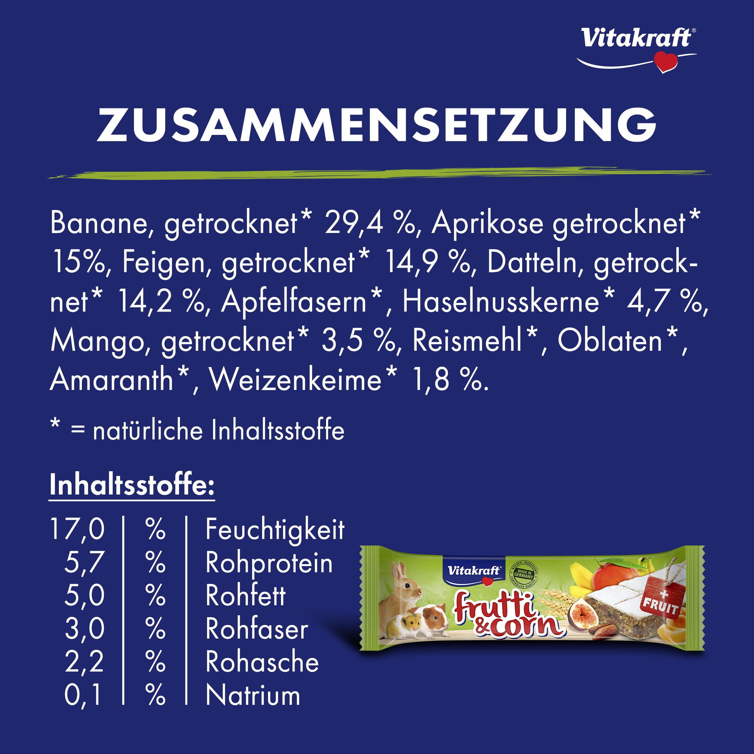 Vitakraft Frutti Corn, Fruchtschnitte für Nager, mit Banane, mit Feige, mit Datteln, portionierbar durch Bruchrillen, ohne Zusatz von Zucker und Getreide (20x 30g)