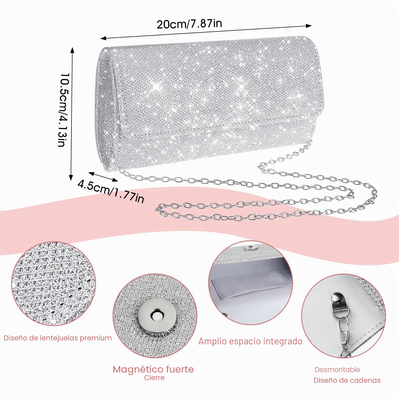 Yolev Conjunto Joyas Mujer de Boda Nupcial Bolso de Embrague de Plata Bolso de Cena Joyas de Diamantes de Imitación Collar Pendientes Novia Pulsera Conjunto de Joyas de Baile Dama de Honor Nupcial