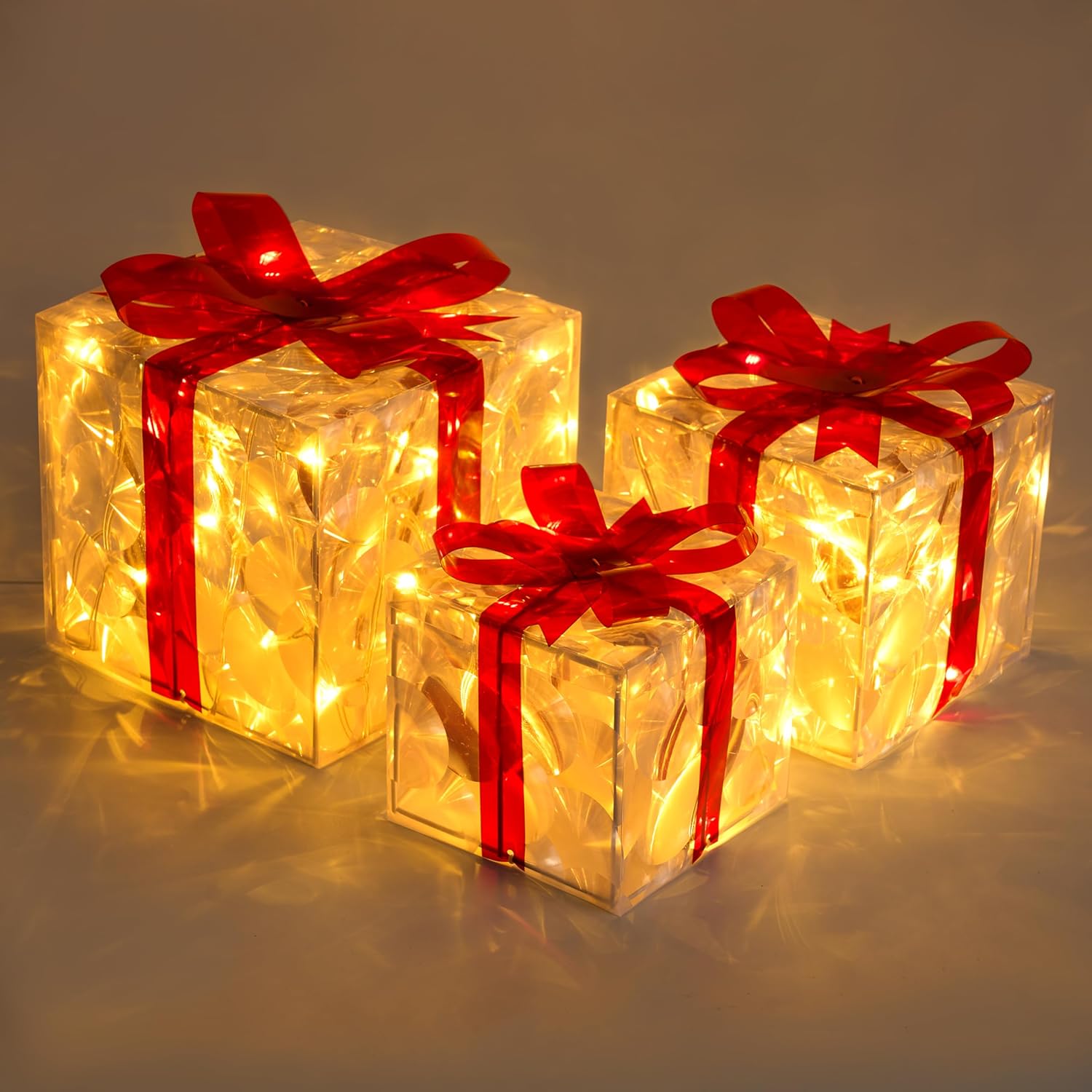 JOIEDOMI Christmas Lighted Gift Boxes, Light Up Christmas Decorations Set of 3 Transparent Present Boxes, Xmas Boxe Light with LED Warm White for Indoor Porch Patio Holiday Xmas Eve Night Décor
