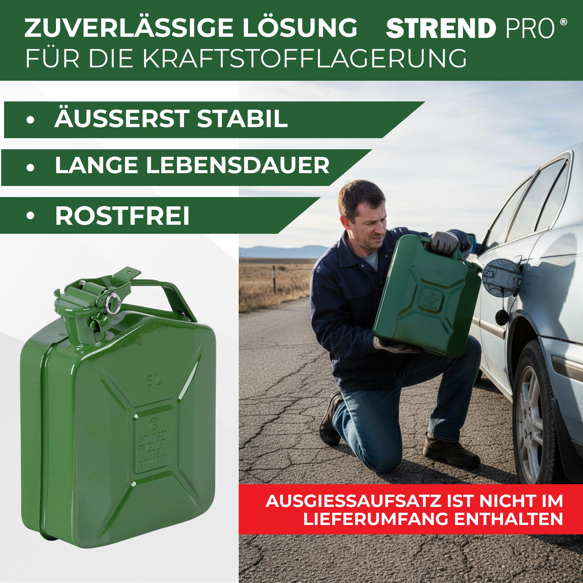 STREND PRO Benzinkanister 20l Metall | Robuster Kanister 20 liter für Benzin & Diesel | Kraftstoffkanister | Dieselkanister für Reserve | Kombikanister motorsäge | Grün mit UN-Zulassung | Benzintank