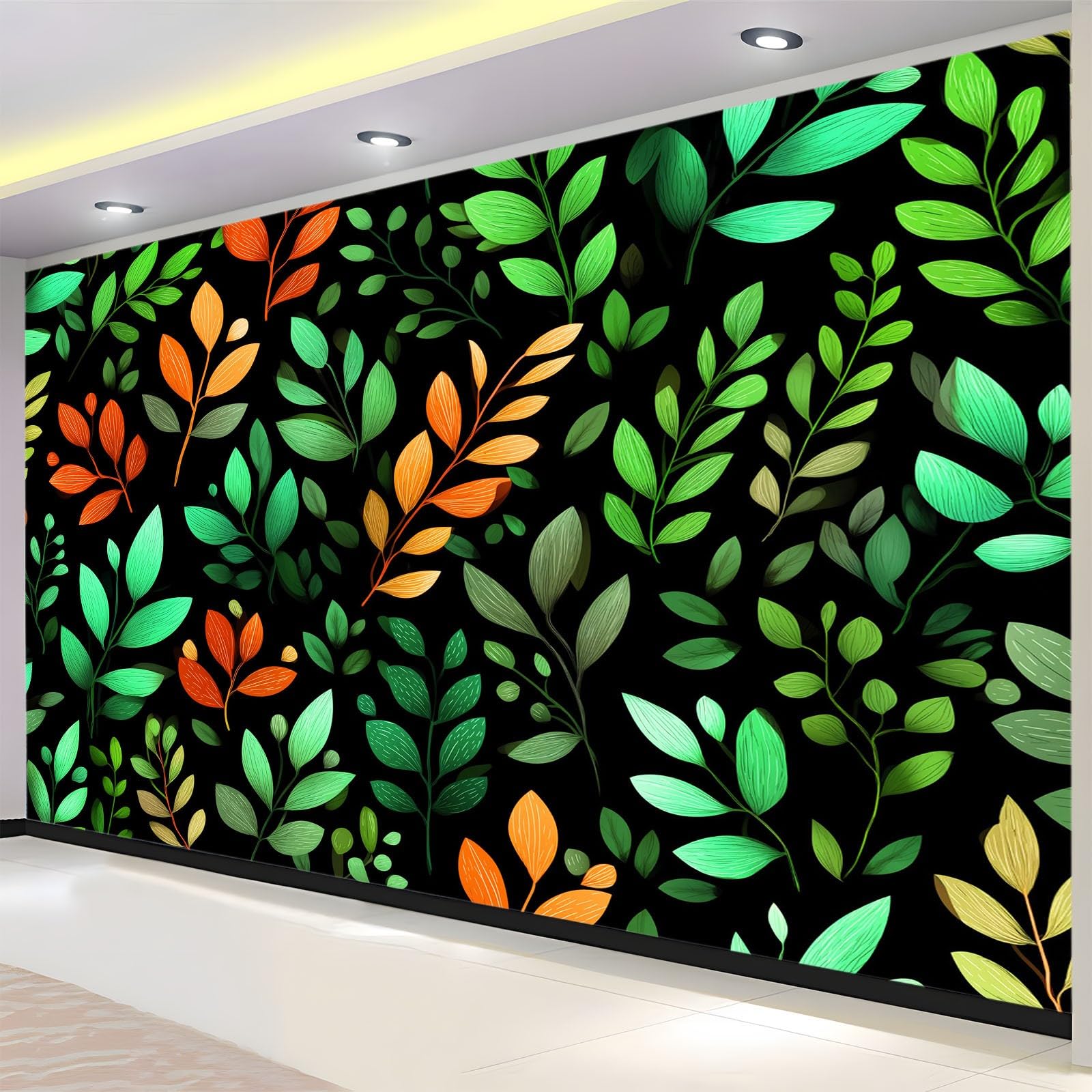 Générique Panoramiczna ręcznie malowana tapeta tropikalna 3D rośliny liście 400 x 280 cm, włóknina XXL nowoczesna dekoracja ścienna salon sypialnia biuro pokój dziecięcy, czarna