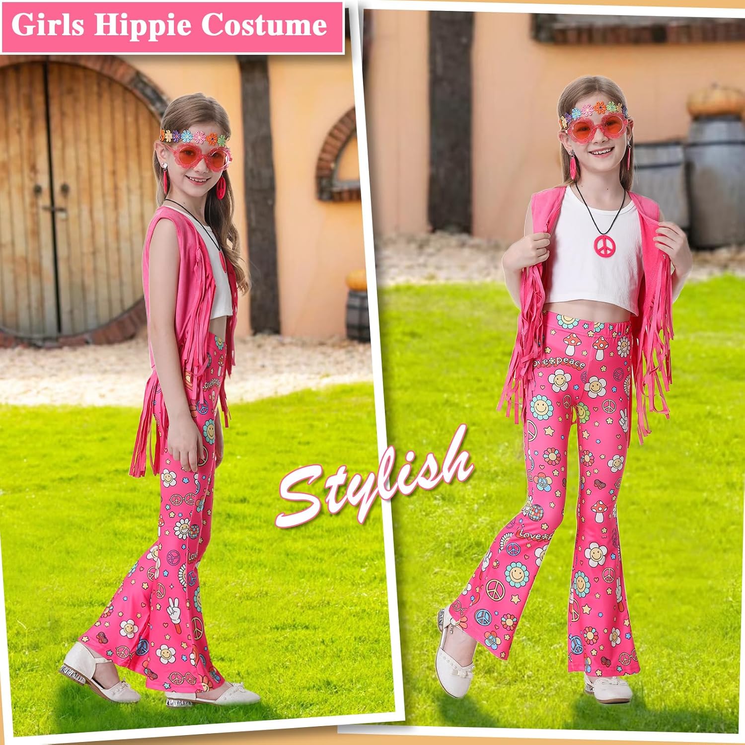 60s 70s Outfits for Kids Girls 7 Pcs Hippie Costume Set Fringe Vest Peace Flared Pants Accessories Set for Halloween - Image 6