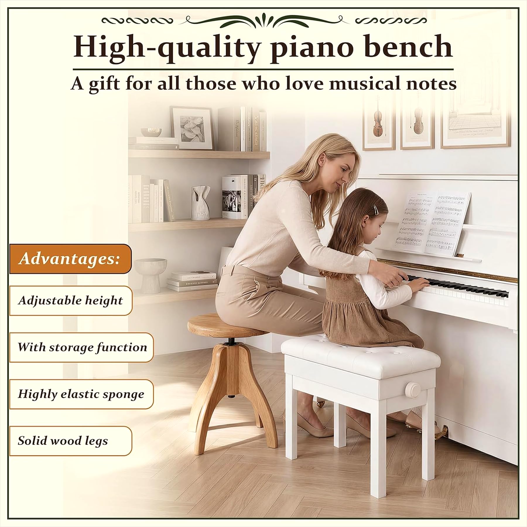 Clevich Tabouret de Piano réglable en Hauteur 48-58 cm, Banc de Piano avec Espace de Rangement, Banquette Piano avec Coussin en Cuir PU, Charge maximale : 150 kg, Blanc