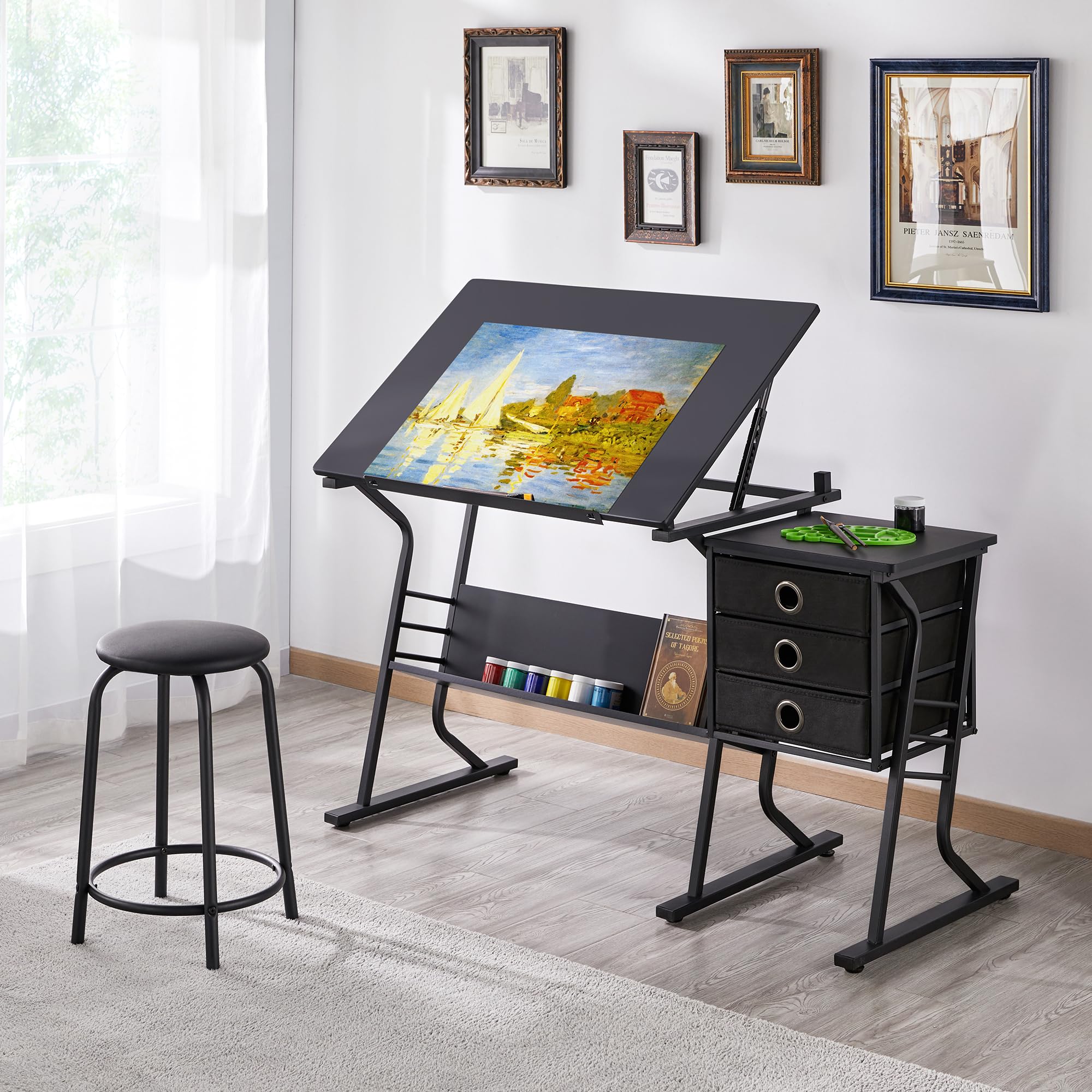 Tavolo da Disegno in MDF e Acciaio per Arte con Cassetti Sgabello Regolabile in Altezza Scrivania da Lavoro Artistica con Angolo Inclinabile Nero